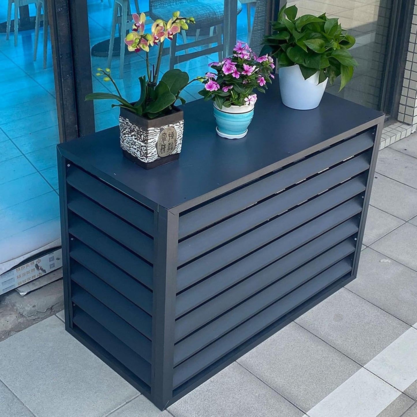 Large Aluminum Outdoor Air Conditioner Unit Cover with Shelf, Sunshade & Protective Shutter, Gray