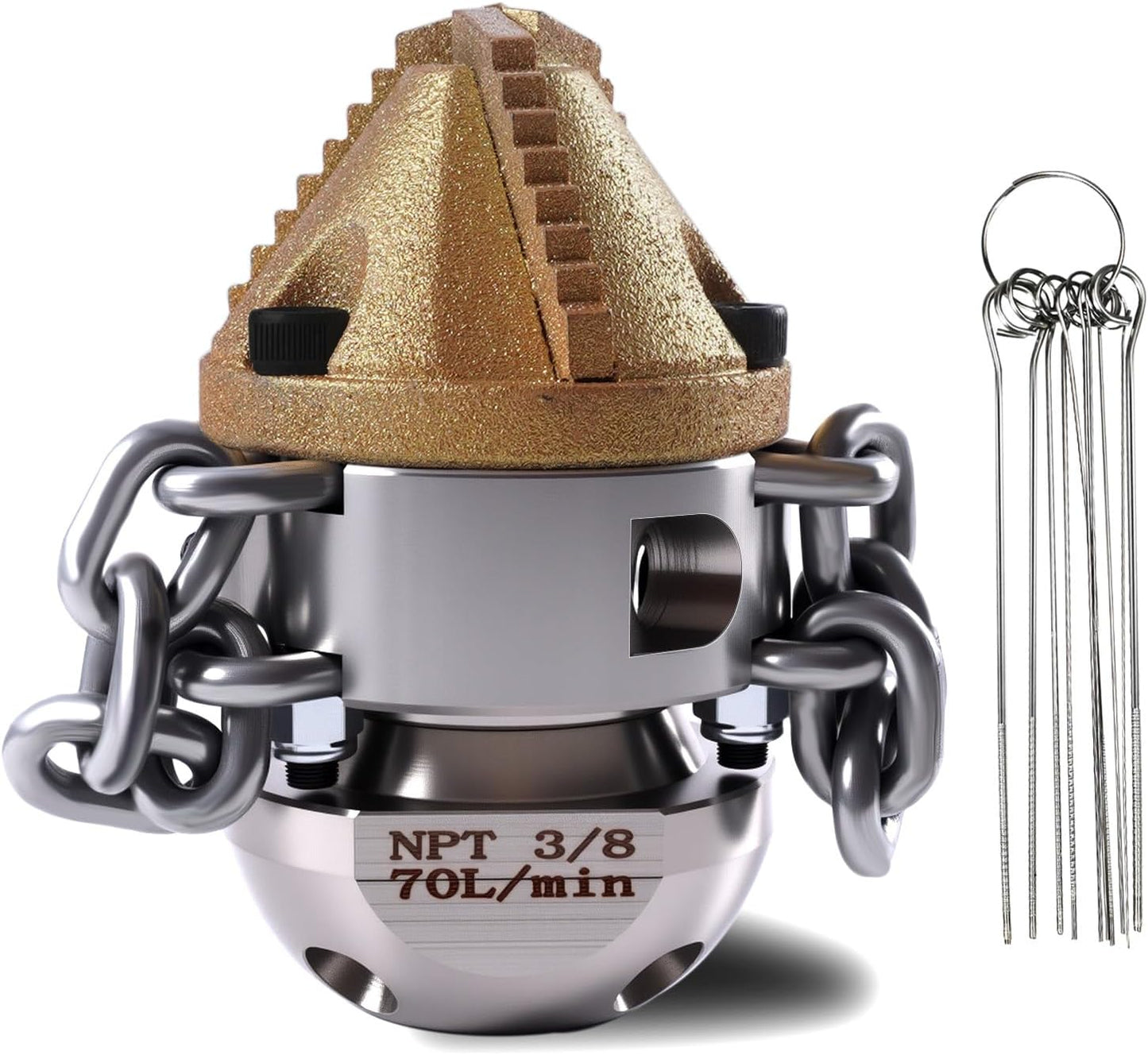 3/8 NPT Sewer Jetter Rotating Nozzle - Cutting Roots, for 2900 psi, 70L/Min (18.5GPM) Pressure Washers, Stainless Steel Drain Cleaning Tool, For household sewers, commercial pipelines