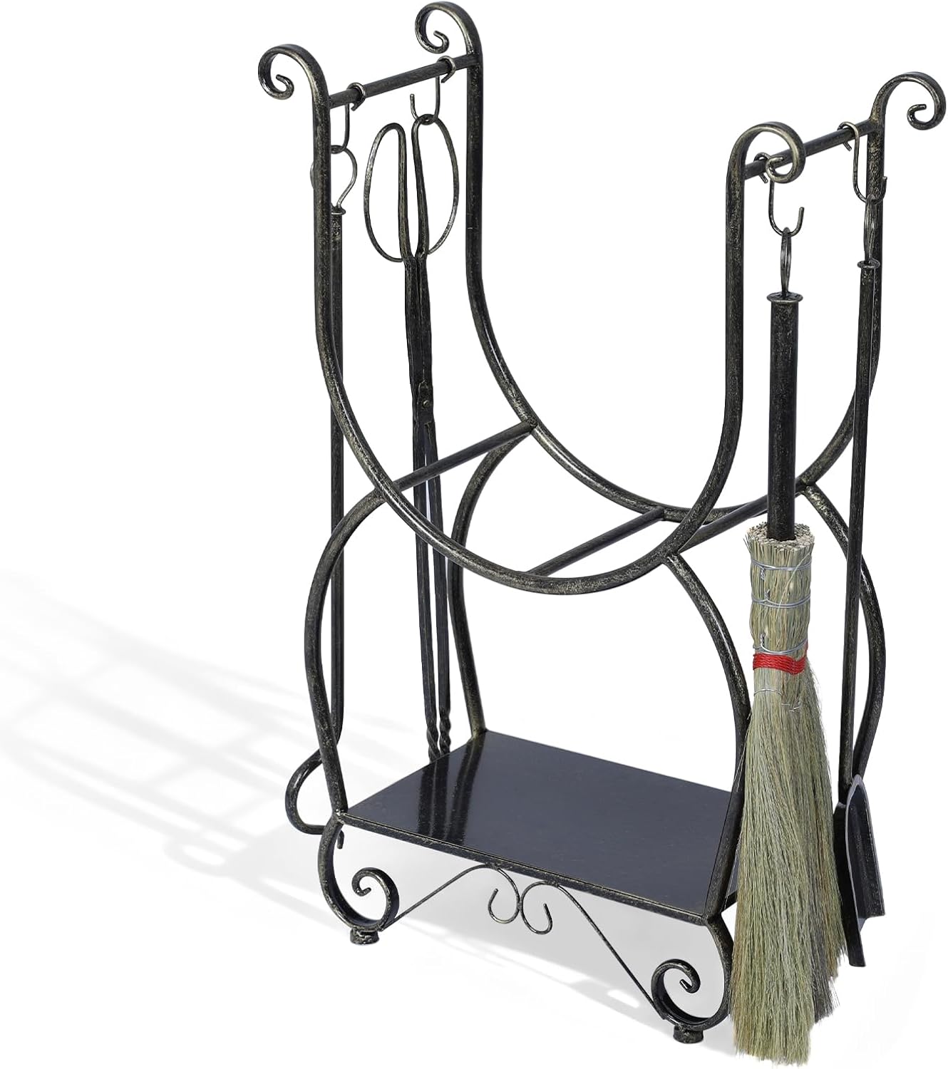 Metal Firewood Rack Set with 4 Fireplace Tools Fireside Wood Storage Organizer No Need To Install Black Copper Log Holder for Camping