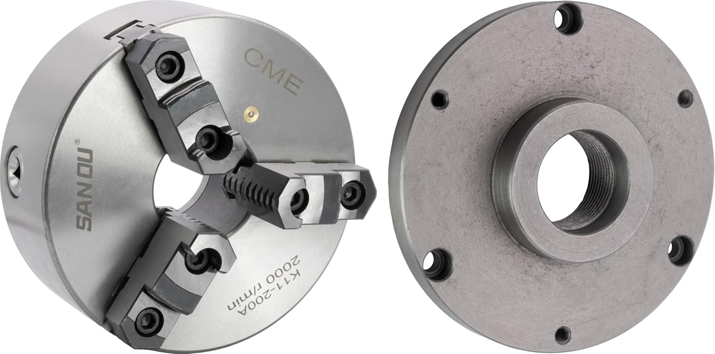CME 8" 3-Jaw Self-Centering (Scroll) Lathe Chuck with 2 1\/4"-8 Threaded Backing Plate, Two-Piece Reversible Jaws