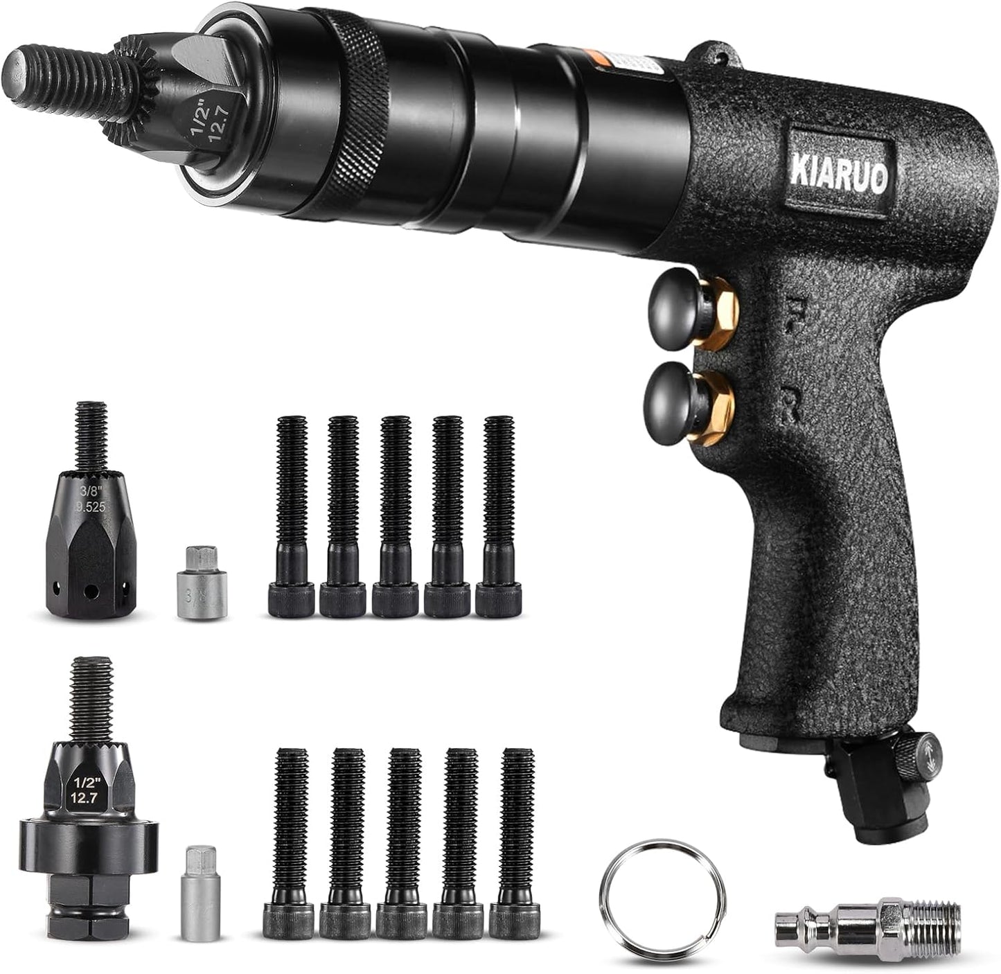 KIARUO Pneumatic Rivet Nut Gun with 3\/8 & 1\/2 Self-locking Head, Industrial Grade 250RPM Adjustable Speed Pull Rivnut Gun tool set,Model:LM06