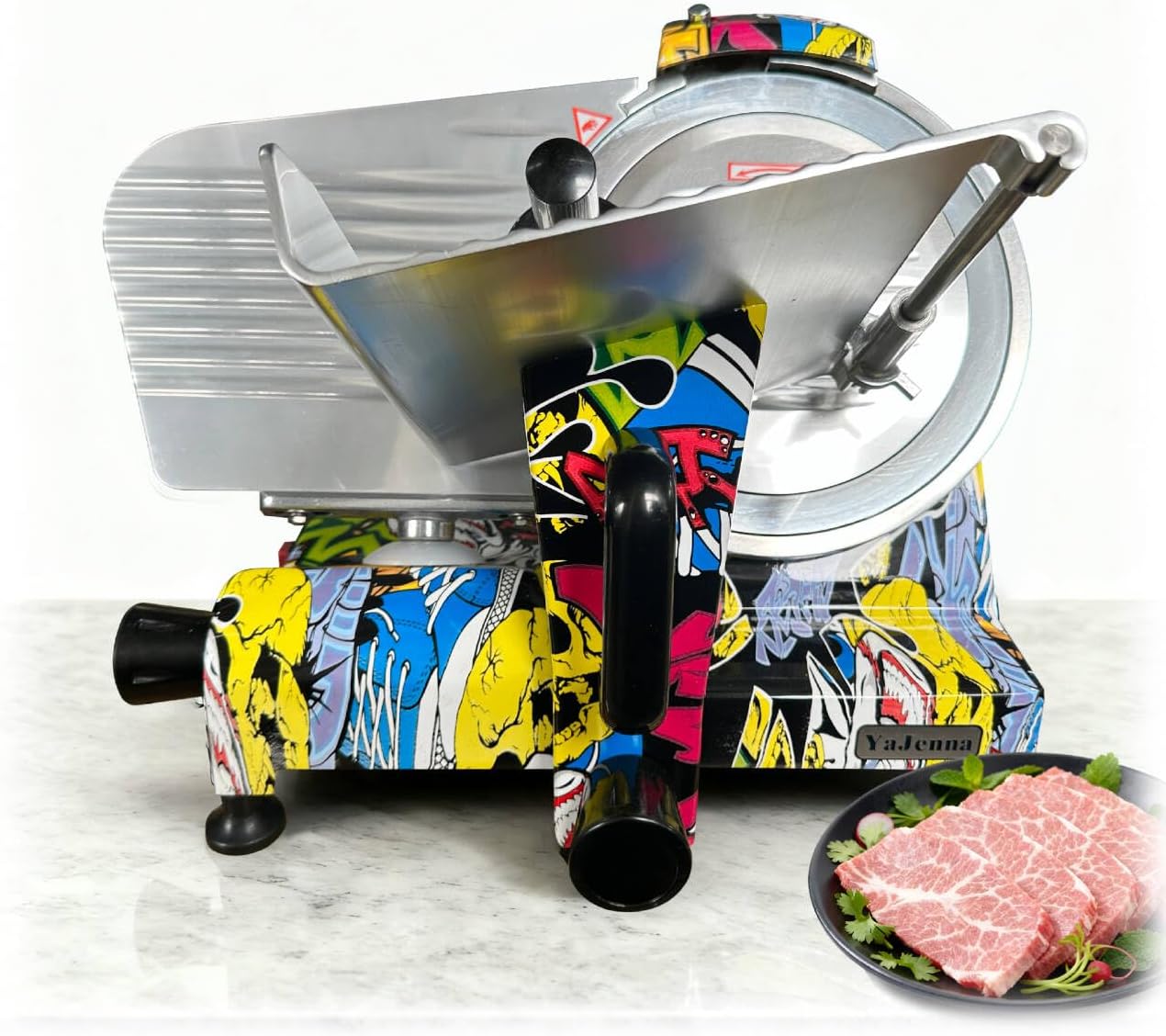 Colorfully Painted Electric Meat Slicer 10" 300W Deli and Ham Food Cheese Jerky Steak Slicer Cutting Machine Semi-Auto 0-15MM Adjustable Slice Thickness