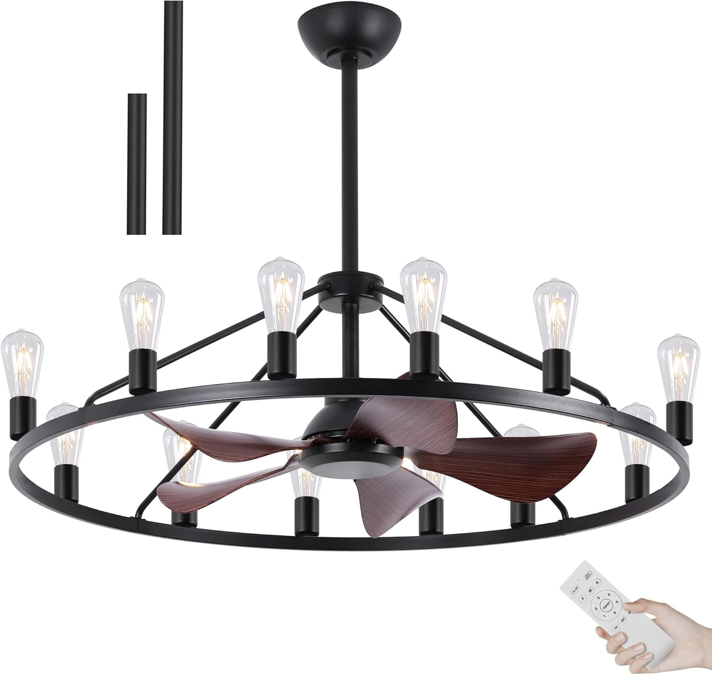 KINGTORO 44 in Black Chandelier Ceiling Fans with Lights, 12 E26 Base Living Room Fan Lights Ceiling Fixtures, Wagon Wheel Fandelier for Kitchen Dining Room(Black Chandelier+5 Walnut Fan Blades)