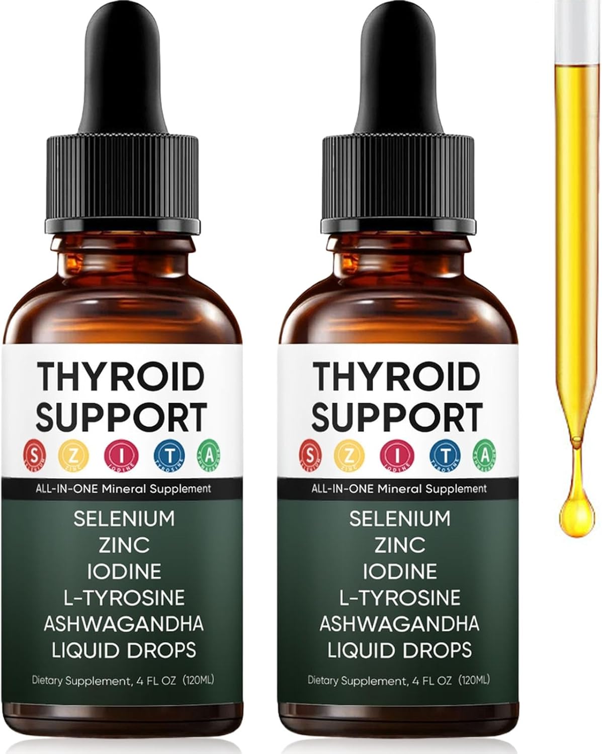 Actora Thyroid Support Liquid Drops with Selenium Zinc Iodine L-Tyrosine Ashwagandha for Hormone Balance - Mood & Energy Supplement - 4 fl. oz. (120mL) (2)
