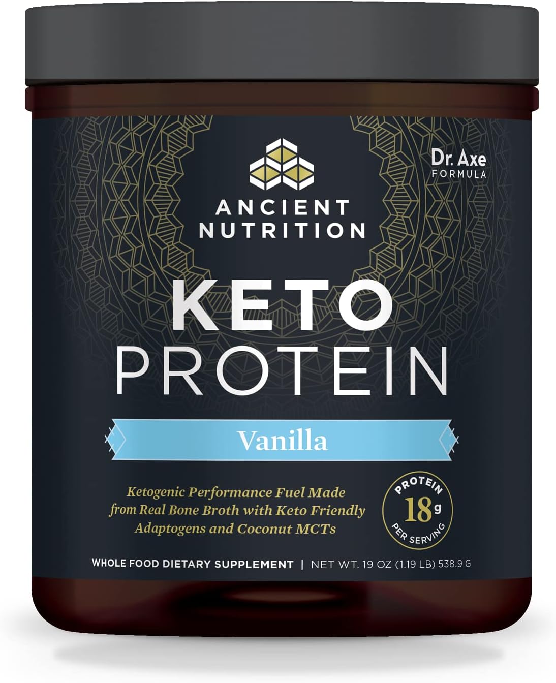Ancient Nutrition Keto Protein Powder, KetoPROTEIN with Fats from Bone Broth and MCT Oil, Vanilla, 18g Protein 11g Fat Per Serving, Gluten Free, 17 Servings