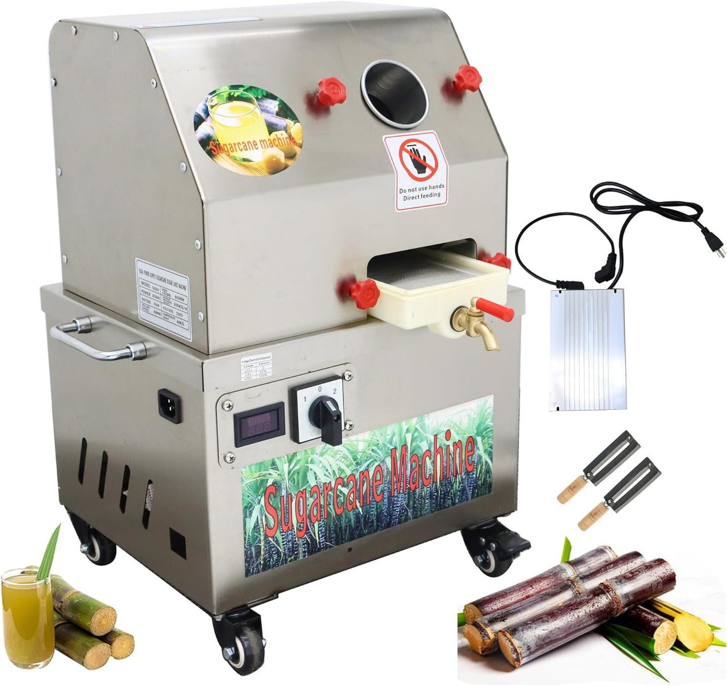 Commercial Sugarcane Juicer Machine 3-Roller Stainless Steel Sugar Cane Press Extractor 110V AC & 24V DC Dual Power Vertical Juice Press with Transformer for Sugarcane Juice Shop Home Use
