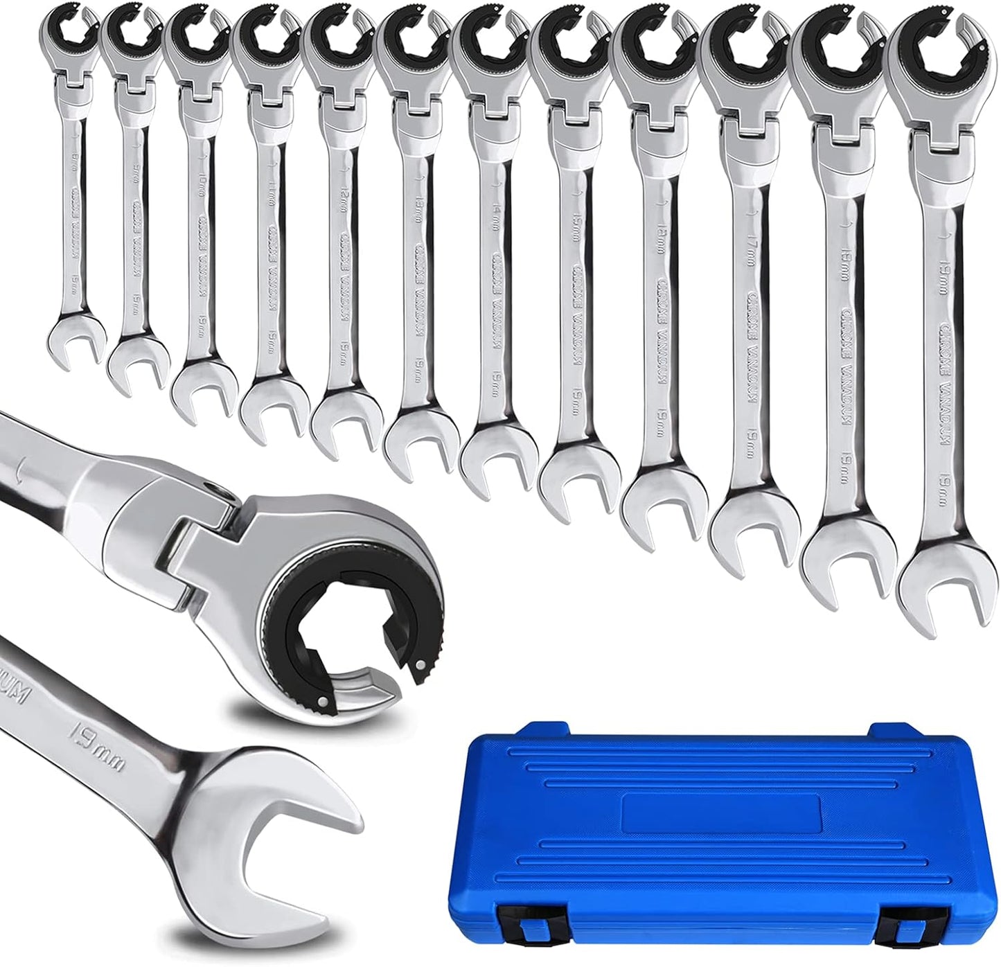 LOSCHEN Metric Open Flex-Head Ratcheting Wrench Combination 12 Pcs\/set 8-19mm, Metric Spanner with 72 Teeth, Chrome Vanadium Steel Tubing Ratchet (US and European Patents)
