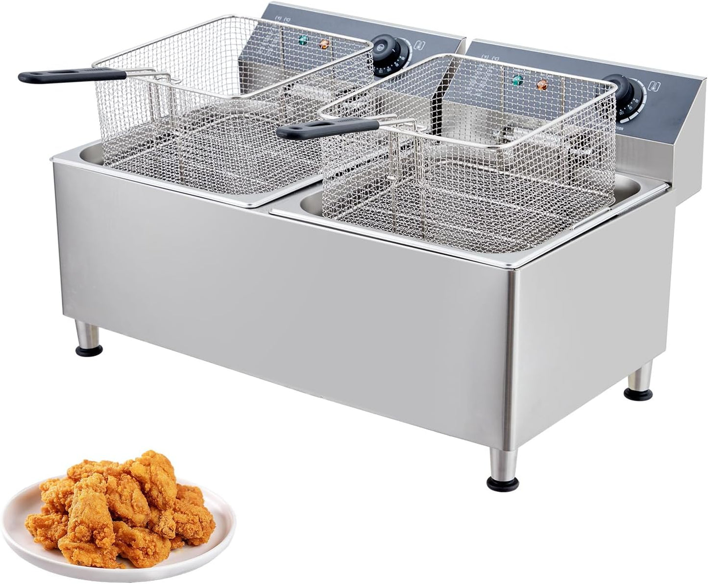 23.2 Quart Commercial Electric Deep Fryer, Stainless Steel Double Basket with Lids, 1700W Quick Heating, Adjustable Temperature 140℉-392℉ & Feet for Restaurant & Home Kitchen Use