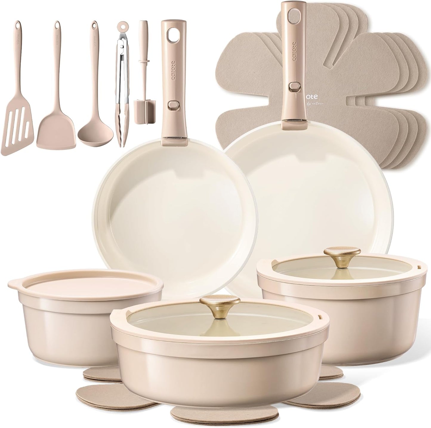 CAROTE 19 Pcs Ceramic Cookware Set Titanium Nonstick with Detachable Handles, Non Toxic Cookware, Pots and Pans Set Non Stick Removable Handles, Induction Available, Kitchen Cooking, Dishwasher Safe