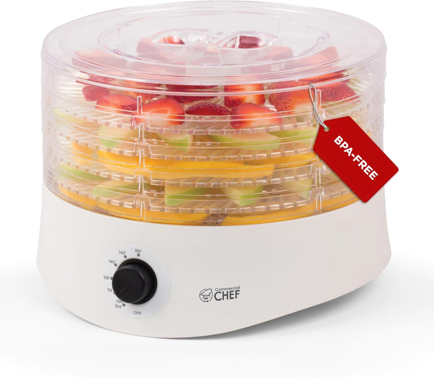 Commercial Chef Food Dehydrator, Five 9.25\u201D BPA-Free Plastic Trays, Dehydrates and Dries Meat, Fruit, Veggies and Jerky, 280W Dehydration Machine, Adjustable Thermostat, CCD100W6, White