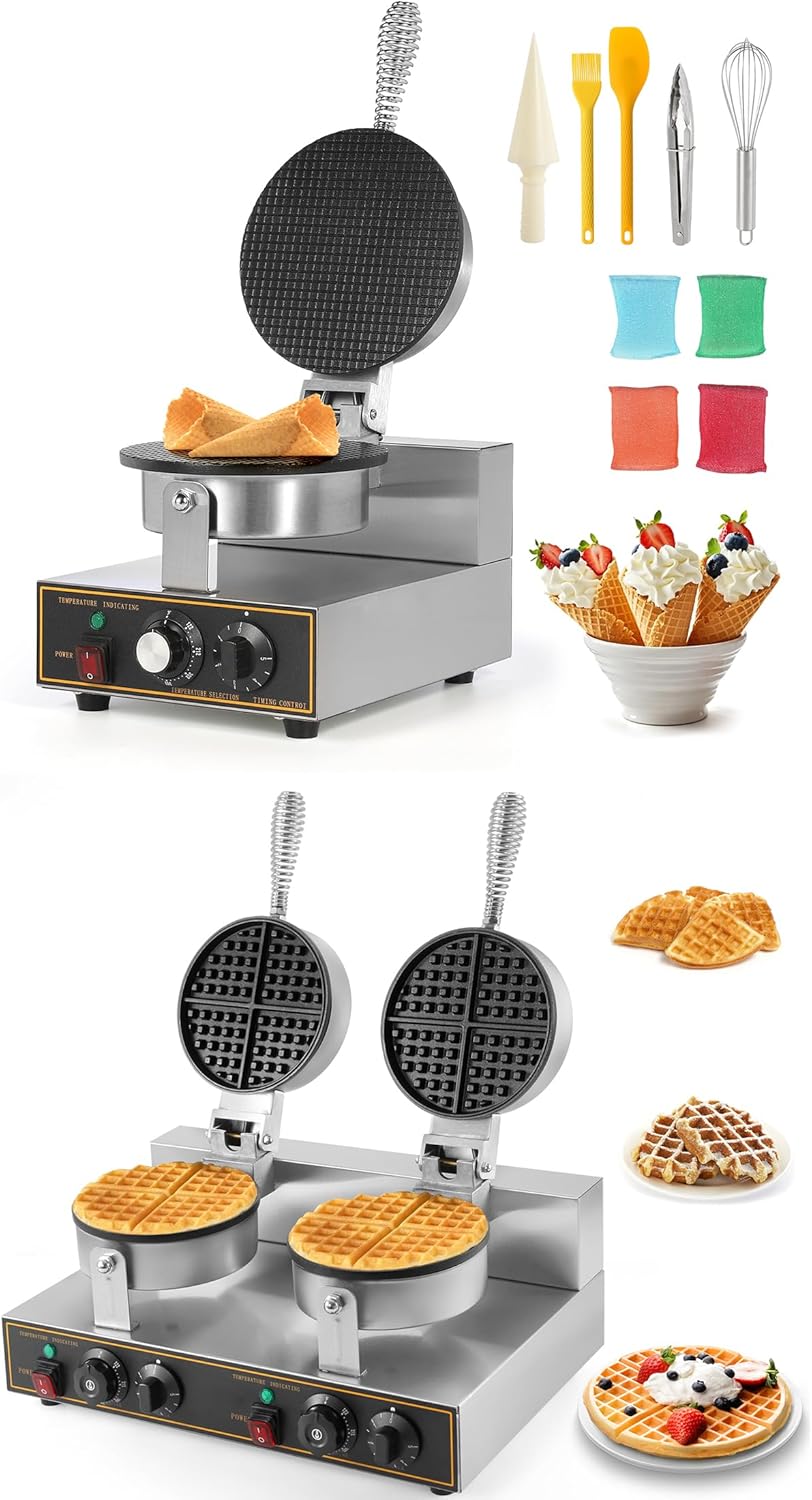 Dyna-Living 1200W Waffle Cone Maker & 2400W Double-heads Commercial Waffle Maker