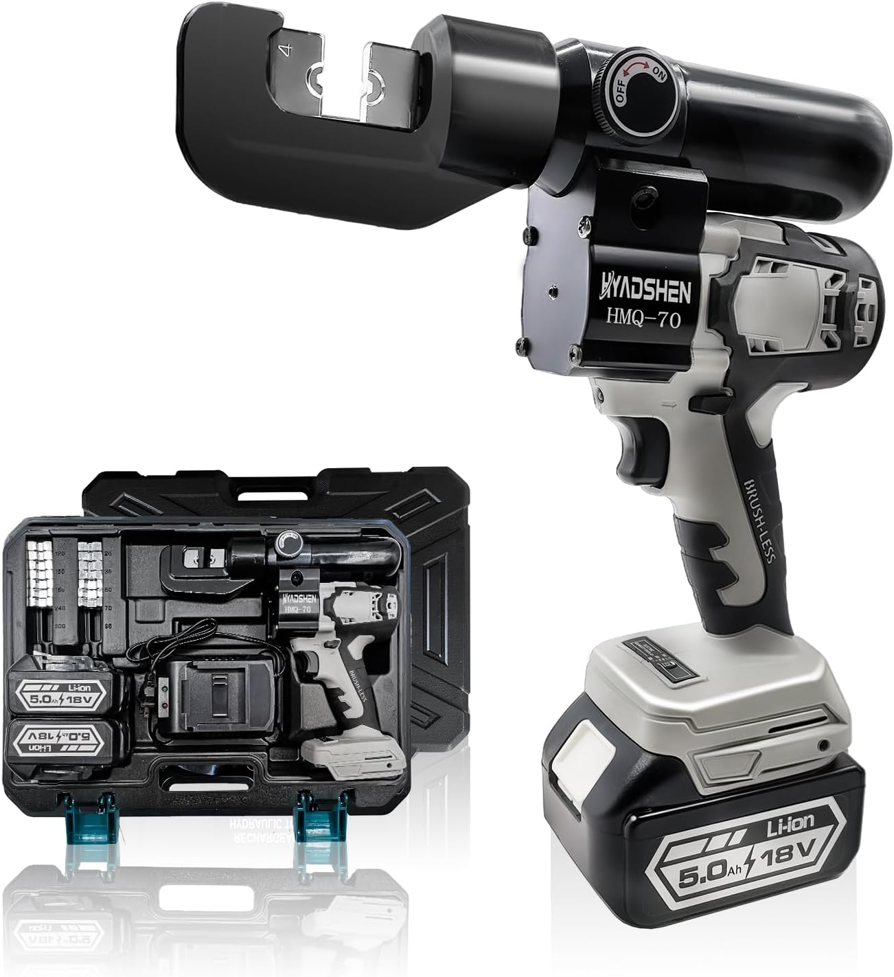 HYADSHEN Electric Hydraulic Cable Lug Crimping Tool, Hydraulic Electrical Terminal Cable Lug Wire Crimper Rechargeable Crimping Tool Kits with 8 Dies, 12 AWG to 2\/0 AWG(HMQ-70)