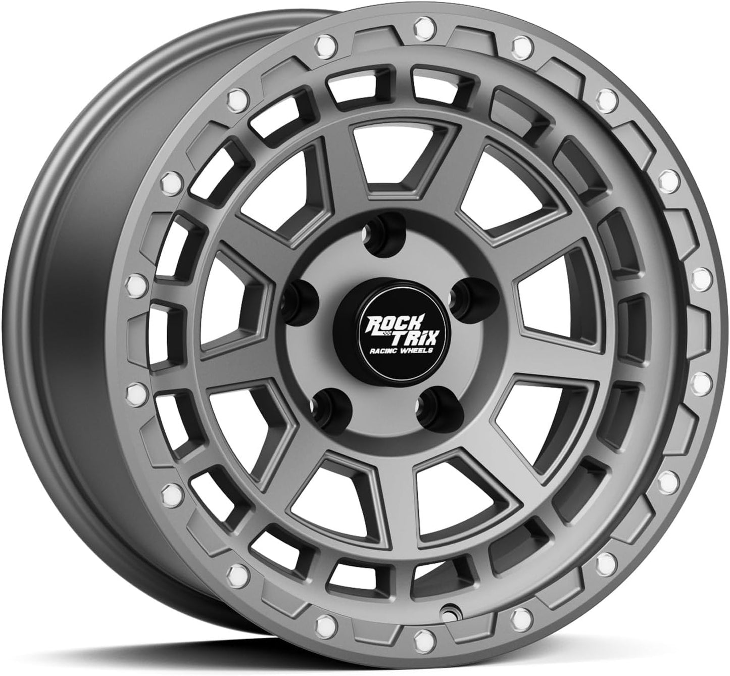 RockTrix RT114 17 inch Wheel Compatible with Jeep Wrangler JK JL 17x9 5x5 Wheels (-12mm Offset, 4.5in Backspace) 5x5 PCD, 71.5mm Bore, Gunmetal Gray Wheels, Also fits Gladiator JT Rims