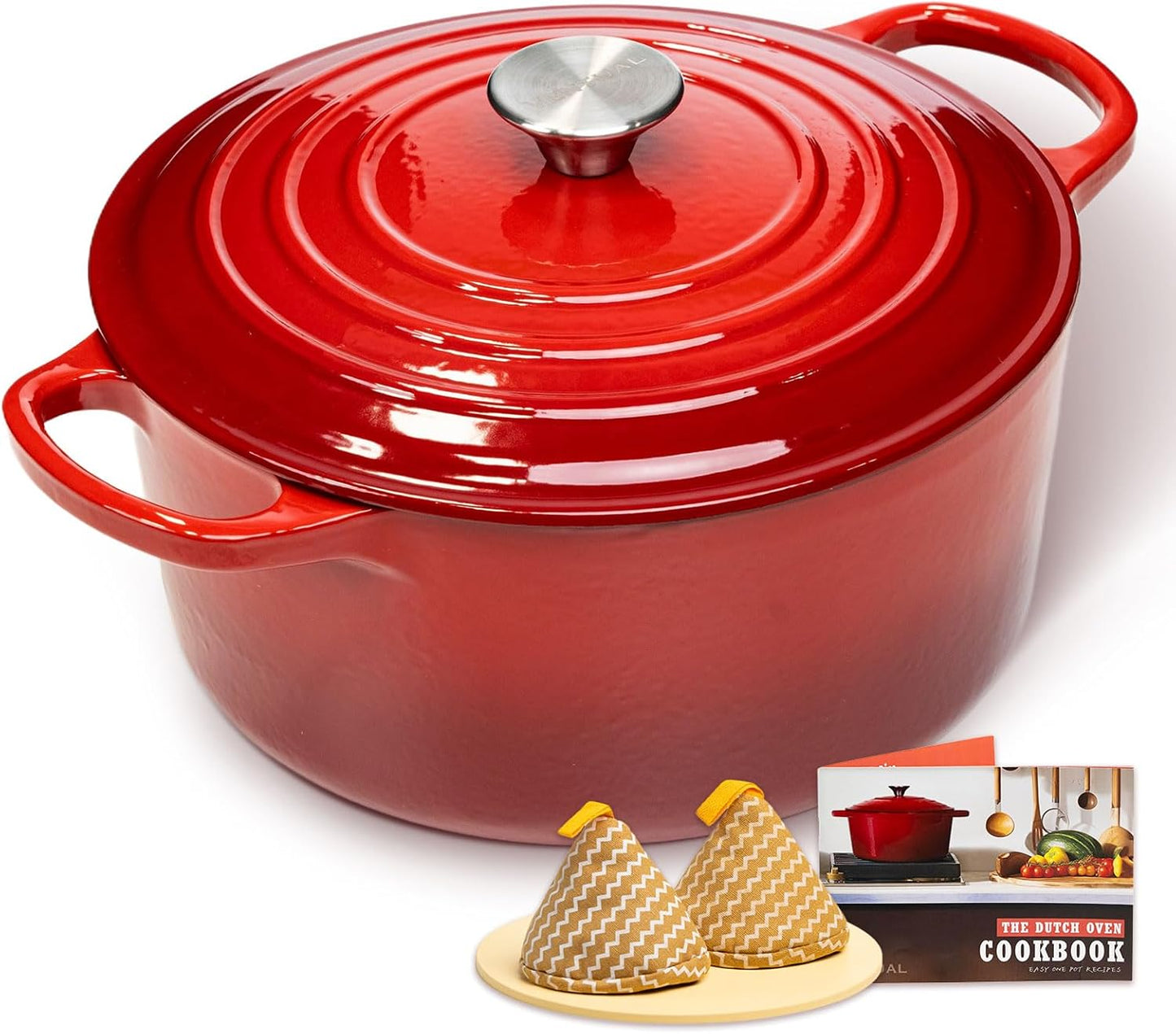 Enameled Cast Iron Dutch Oven,5.5 Quart Pot with Lid,Oven Safe up to 500℉& Across All Cooktops,Heavy-Duty Cookware for Braising, Stews,Roasting, Bread Baking,Red,26cm/6L,by Ventual
