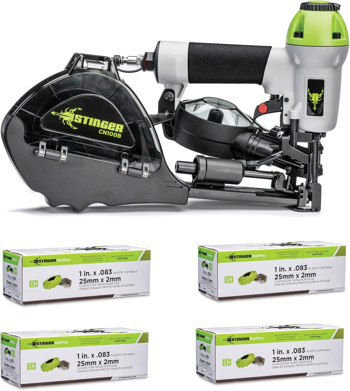 STINGER CN100B Pneumatic Cap Nailer Kit, Tool & 8000 Caps\/Nails, Collated Cap Nails for Roofing Underlayment & House Wrap (0136252)