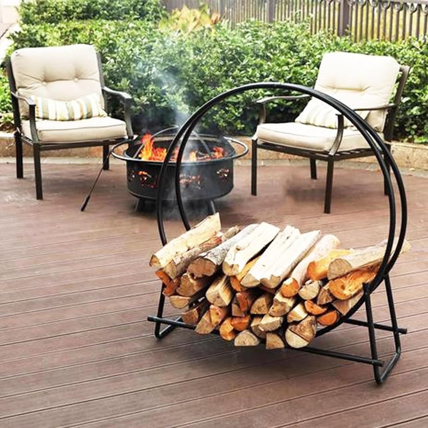 Inside Outside Stacked Firewood Rack, Round Fire Log Holder for Fireplace/Fire Pit, Modern Style Wood Storage Holder with Mounting Accessories