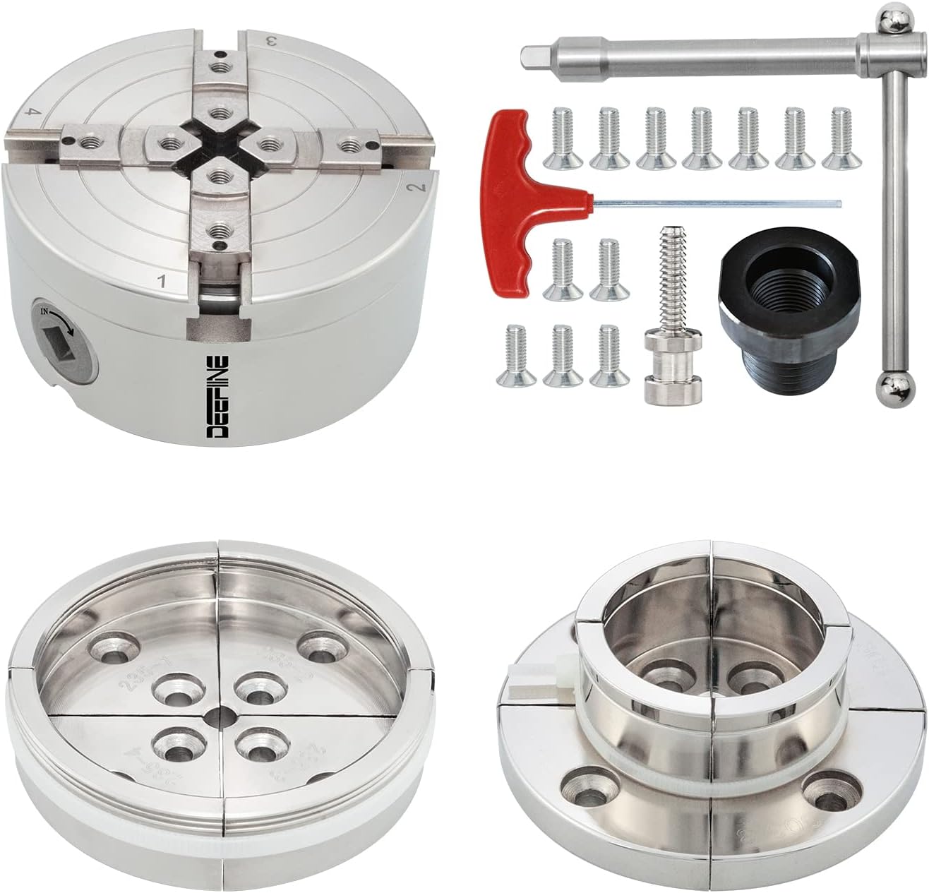 4 Inch Wood Lathe Chuck Set 1" x 8 tpi thread & 3/4"x16TPI Adapter, Nickel Plated Self Centering 4 Jaw Wood Turning Chuck set (2PCS jaws)