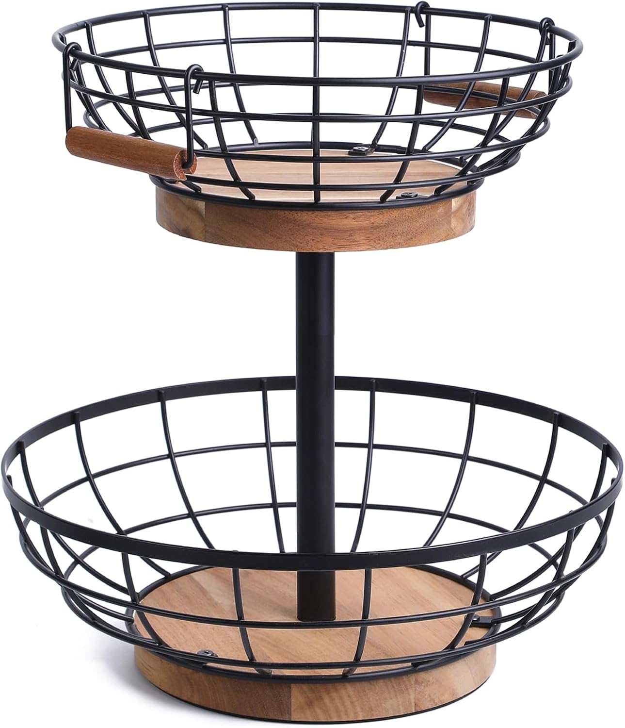 2-tier Fruit Basket Bowl,Metal Basket with Wooden Base,Fruit and Vegetable Storage with Banana Hanger,Fruit Basket for Kitchen Counter Organizer.