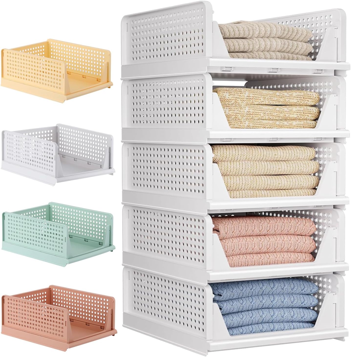 5 Pack Folding Closet Organizers Storage Box, Stackable Storage Bins, Plastic Drawer Basket Closet Storage for Wardrobe Cupboard Kitchen Bathroom Office 5L (White)