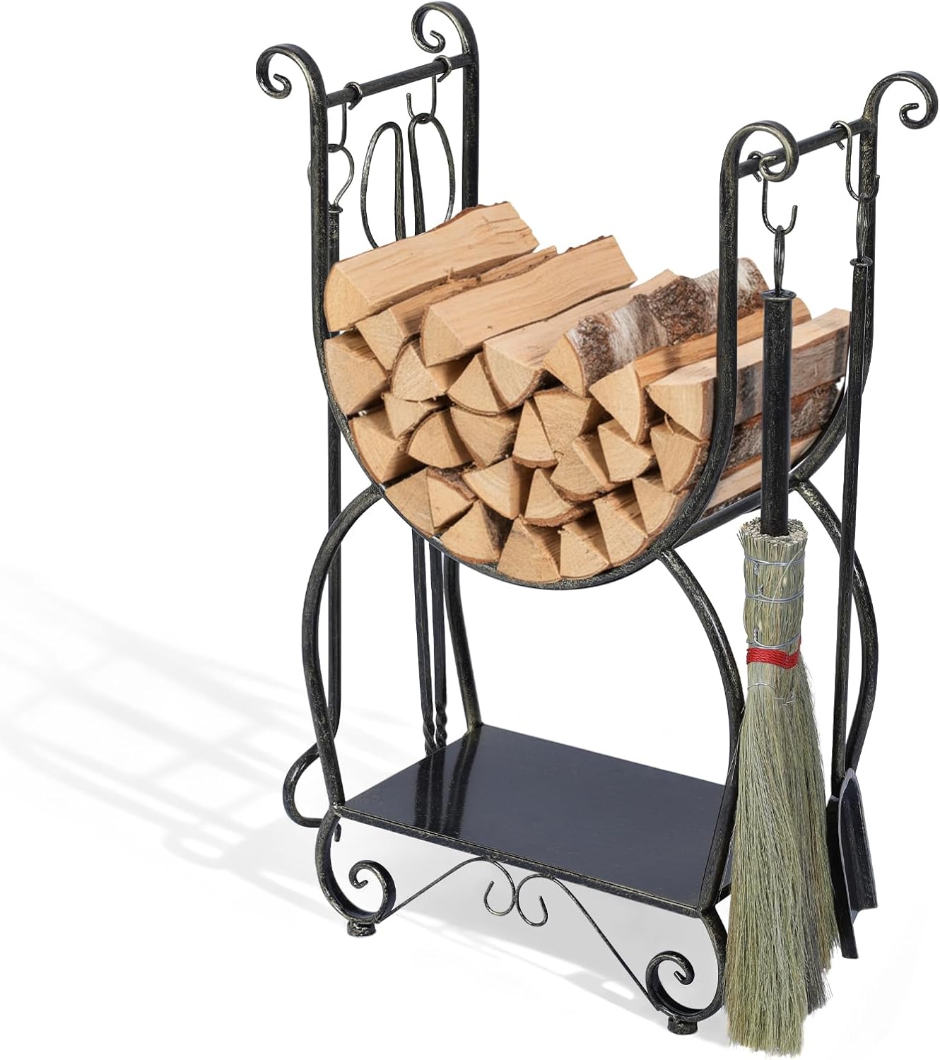Metal Firewood Rack Set with 4 Fireplace Tools Fireside Wood Storage Organizer