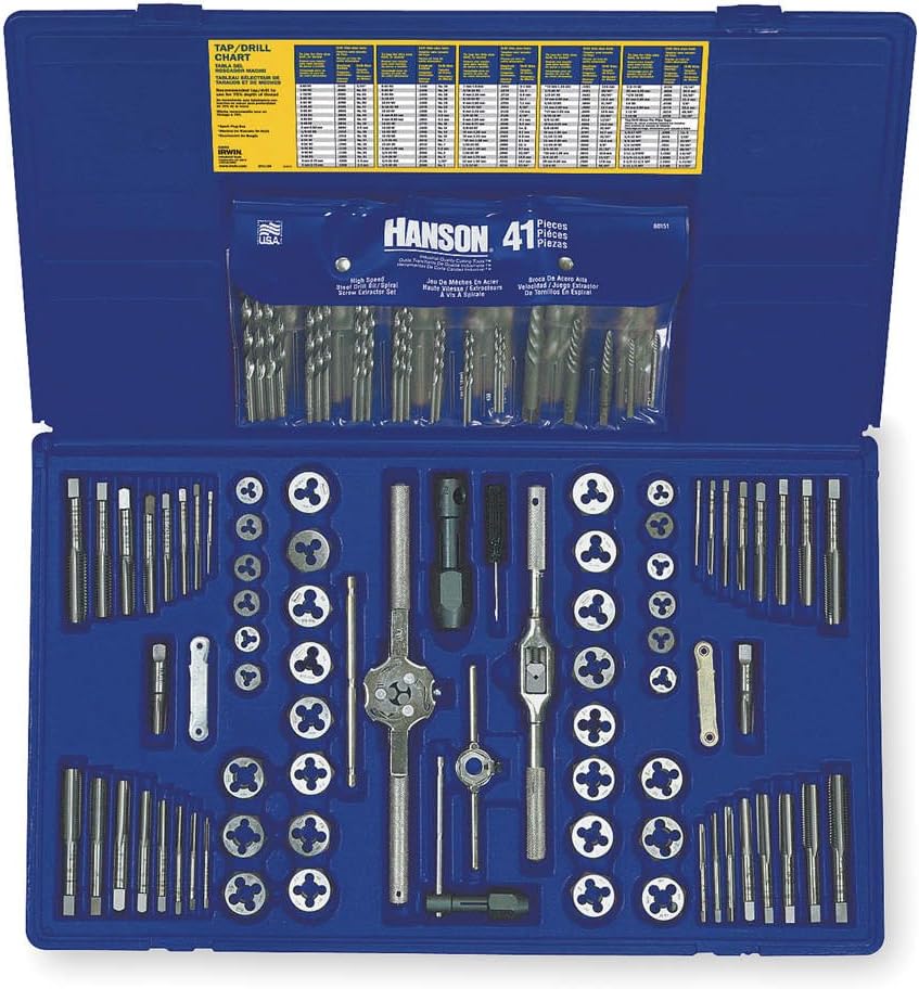 IRWIN Tools Hanson Machine Screw/Fractional/Metric Tap and Hex Die and Drill Bit Deluxe Set, 117 Piece 26377, Silver/Blue