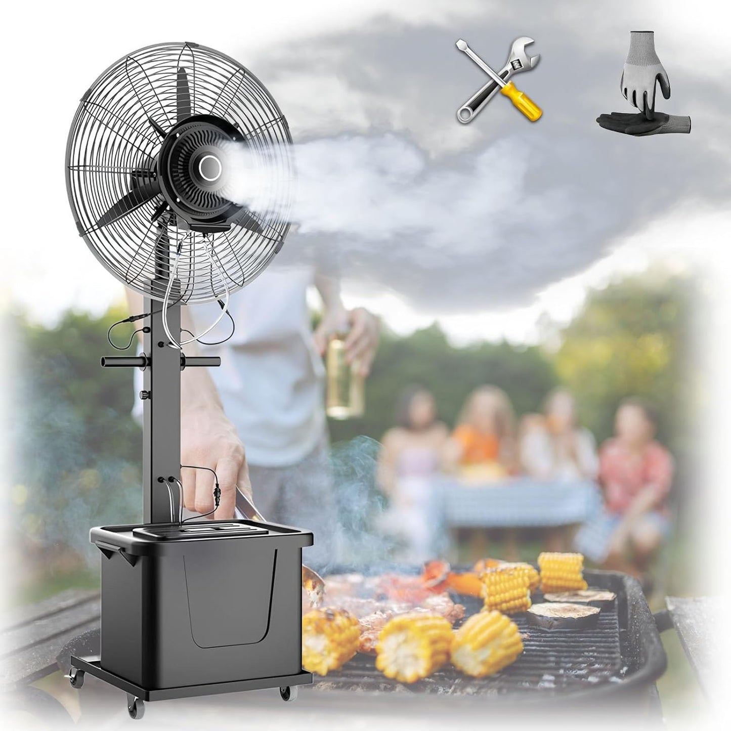 320W Large Industrial Mist Fan, 26\/30inch Outside Pedestal Cooling Fan 3 Speeds With 11 Gallon Water Tank For Workshop Factory And Outdoor Patio Cooling(Non-liftable,650)