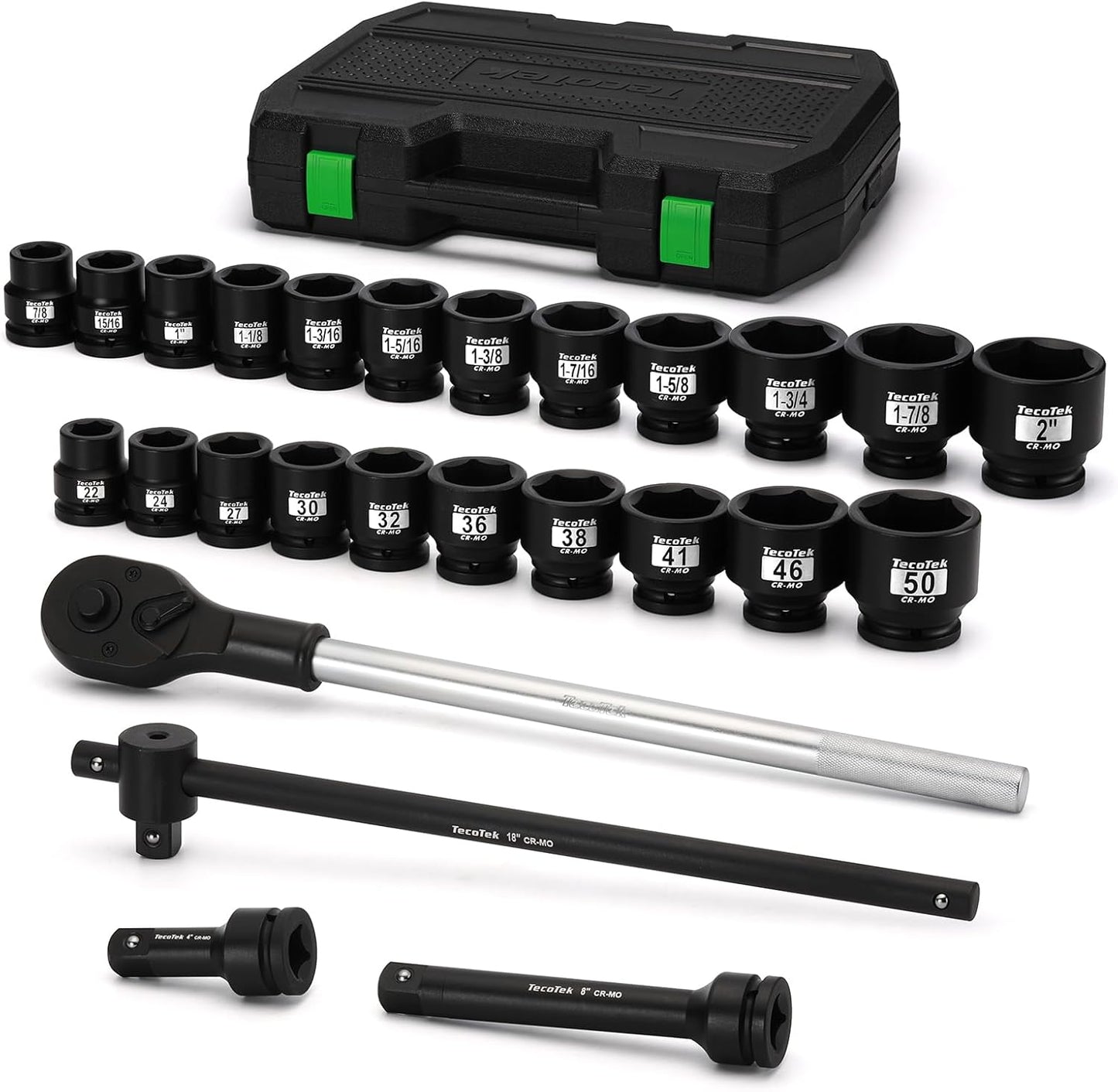3/4" Drive Shallow 6-Point Impact Socket Set, 27-Piece Jumbo Assortment, CR-MO, SAE (7/8-Inch to 2-Inch) and Metric (22mm to 50mm), Ratchet Handle with Extensions
