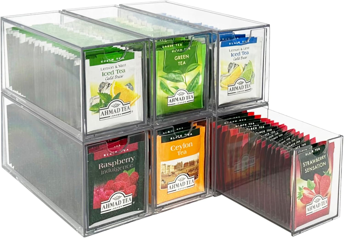 AZEZO 6-Pack Tea Bag Drawers Organizer - 6 Clear Plastic Drawer Tea Bag Holder; Stackable & Portable; Wider Size; Well-Organized Storage for Tea Bags Storage Chests;High Volume