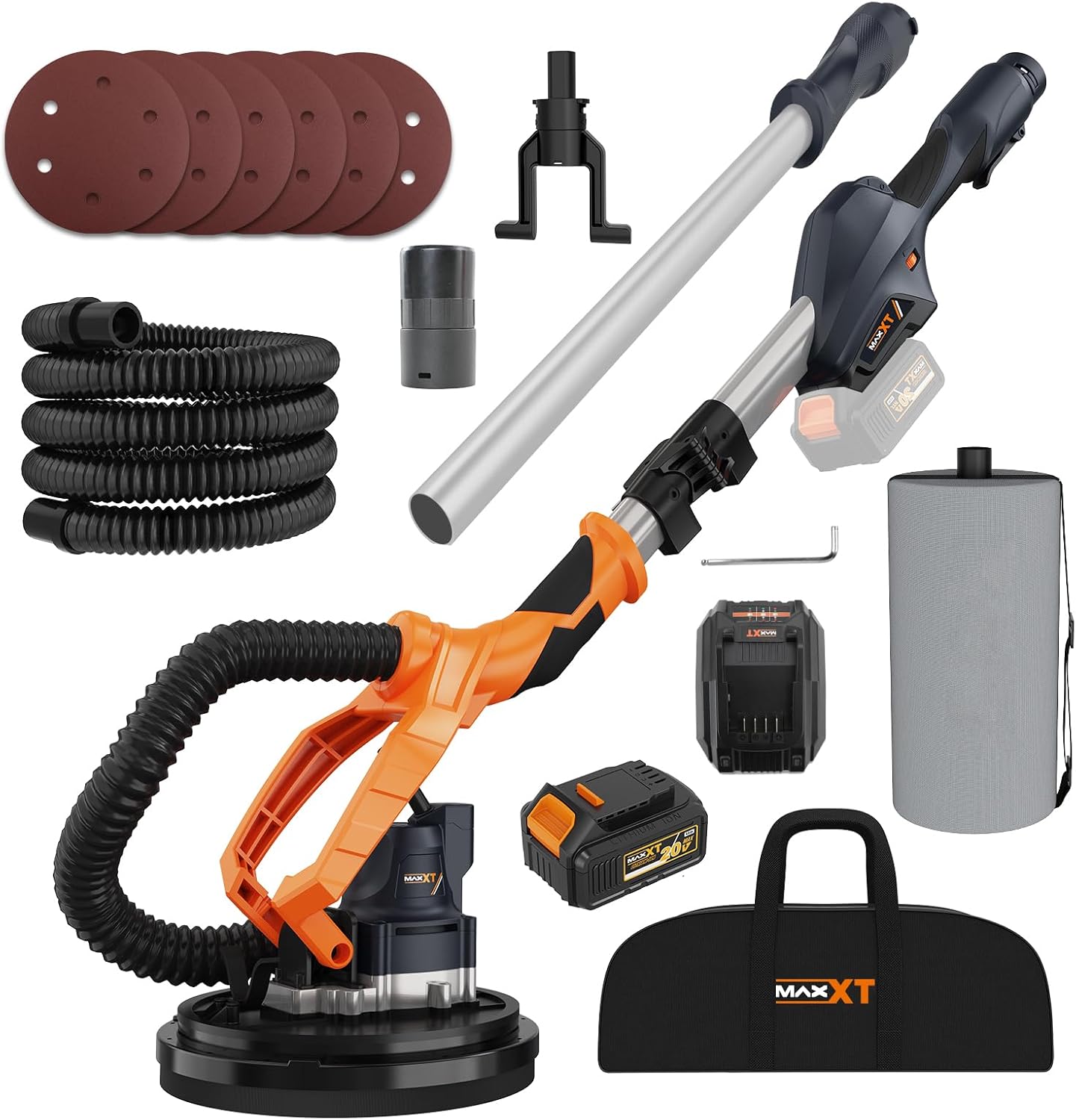 MAXXT Cordlees Drywall Sander with Vacuum Dust Collection, Brushless Electric Wall Sander with 7 Variable Speed Foldable Telescopic, Popcorn Ceiling Removal Tool, 20V Max 4.0 Ah Battery and Charger