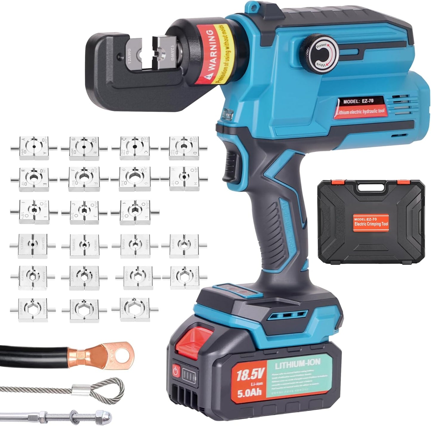 AMZCNC Electric Hydraulic Cable Lug Crimp Tool, 12 AWG to 4/0 AWG Cable and 3/64" to 3/16" Wire Rope, Cable Crimping Tool, Wire Rope Crimper Kit, Battery Crimper, Electric Crimping Tool with 22 Dies