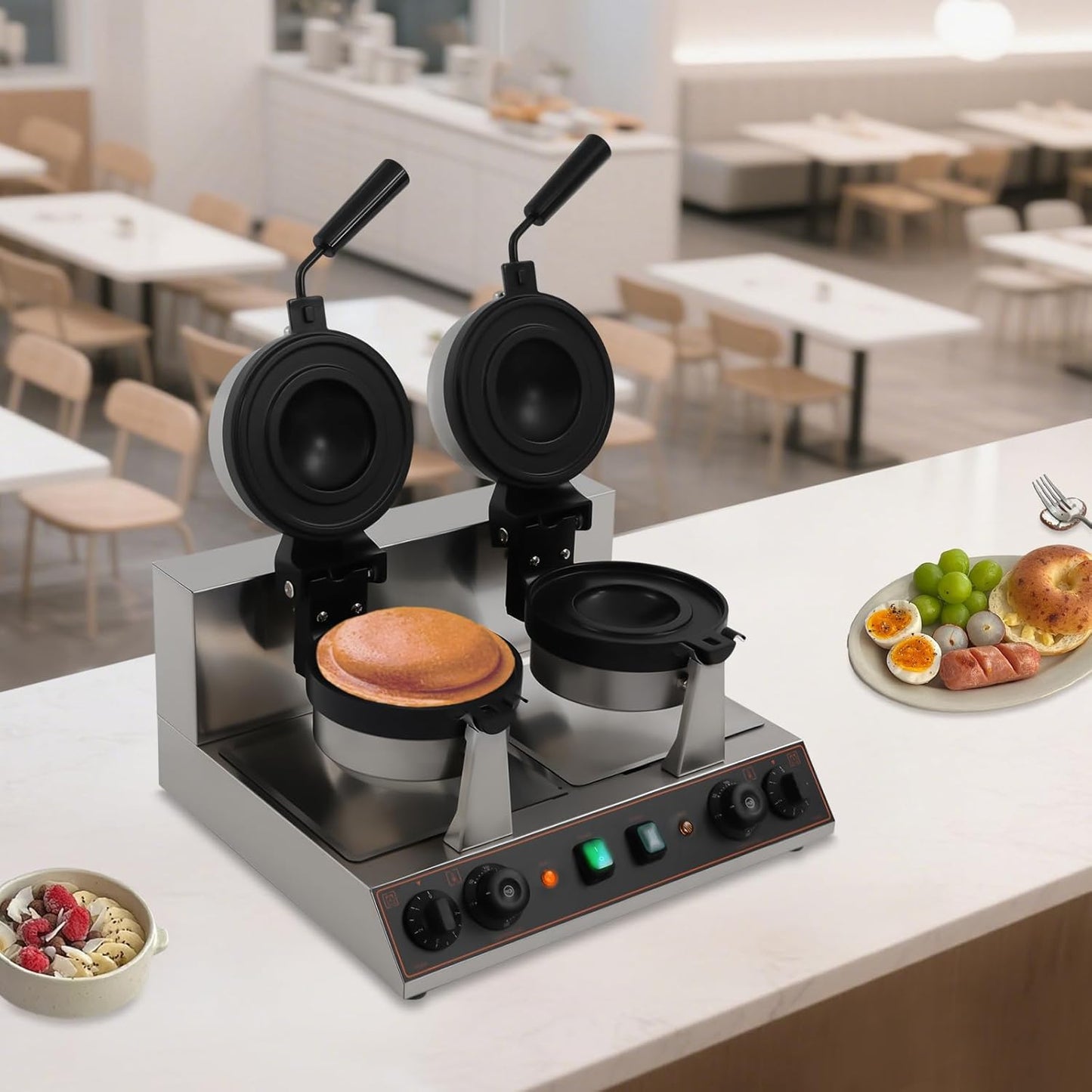 Dual-Head Electric Burger Waffle Baking Machine, Commercial UFO Burger Maker Machine 180°Rotating Ice Cream Sandwich Maker w\/Non-stick Baking Tray,Burgers Waffle Cone Makers Time & Temper Adjustable