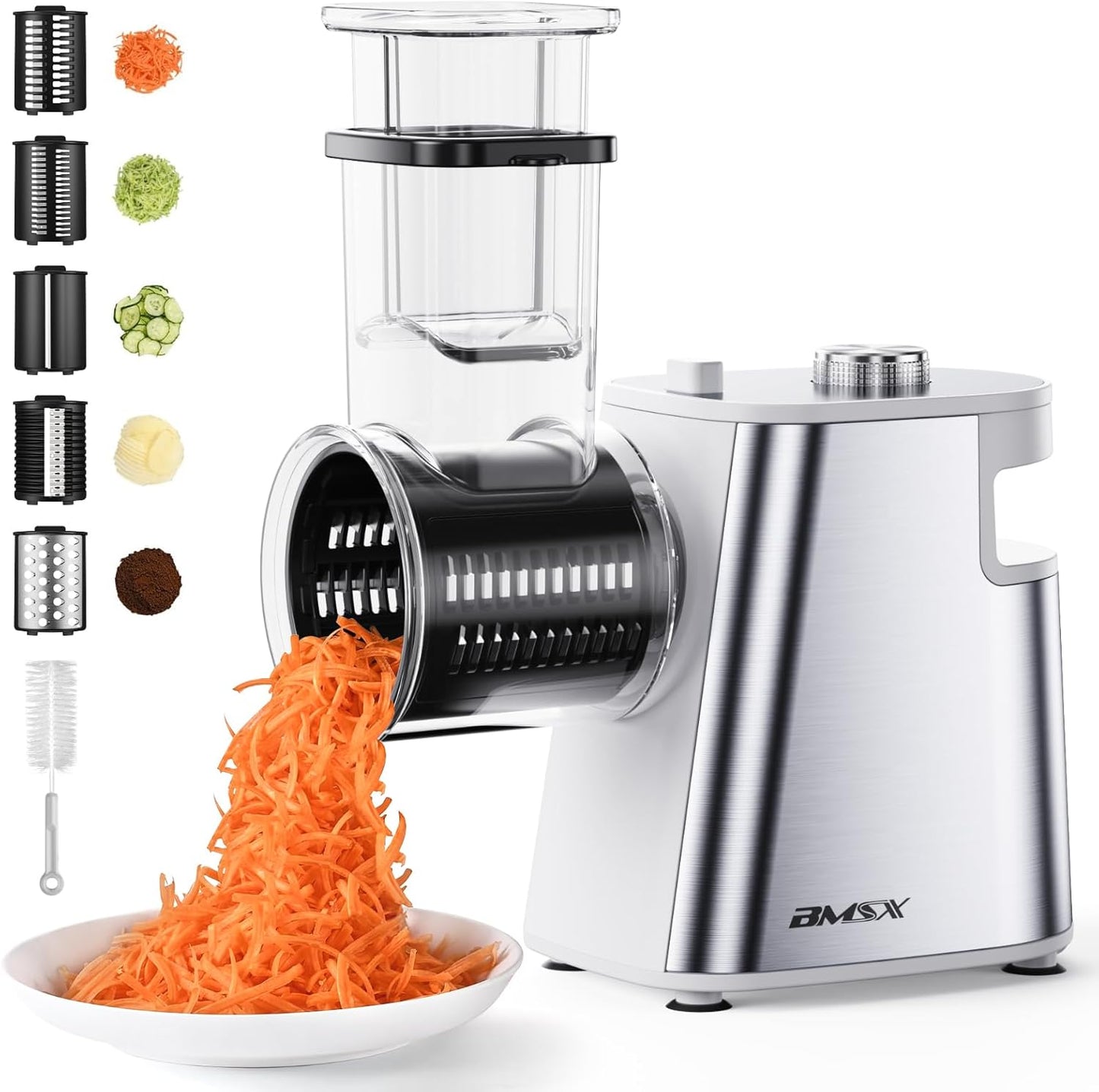 Electric Cheese Grater Upgraded, 250W Electric Slicer Shredder, Automatic Cheese Shredder, Electric Salad Machine for Fruits, Vegetables, Cheeses,Salad Maker With 5 Different Shapes of Blades