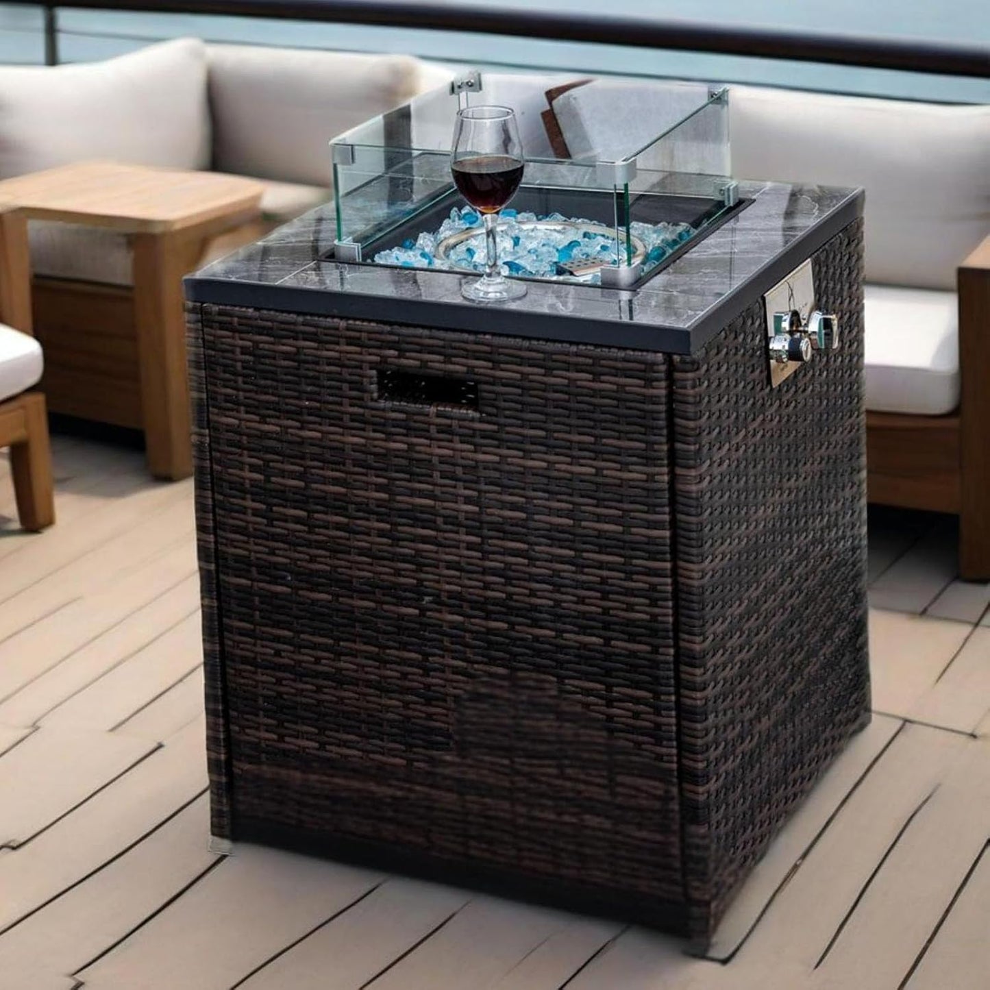 24" Propane Fire Pit Table, 50000 BTU Square Outdoor Firepit with Tile Tabletop and Wicker Base for Patio Deck Garden Courtyard (Espresso, 24")