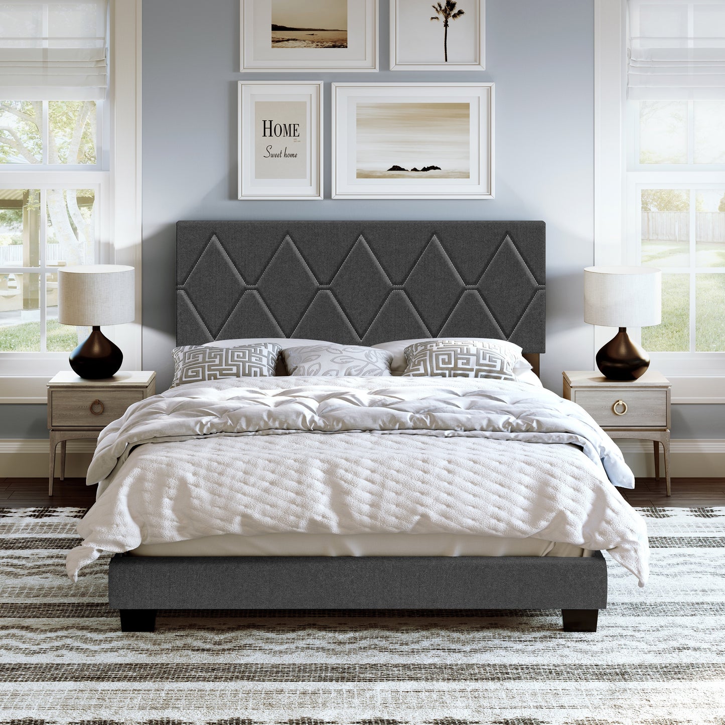 Boyd Sleep Diamond Linen Upholstered Platform Bed Frame with Headboard-Sturdy 4 Slat wood Support System- Requires Box Spring or Foundation