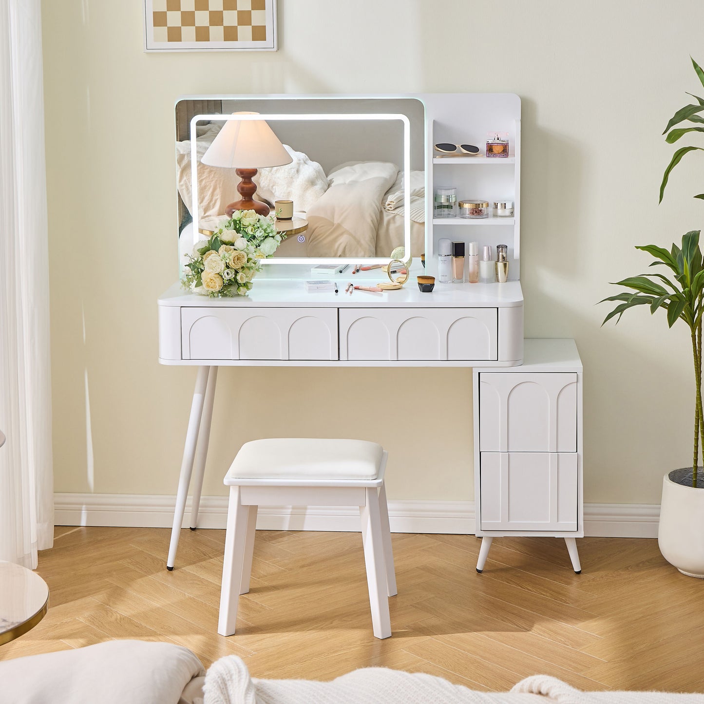 ModernLuxe Modern Makeup Vanity Desk with LED Lights Mirror4 Drawer Dressing Table Set with Stool3 Colors Dimmable BrightnessSpaceSaving for BedroomWhite