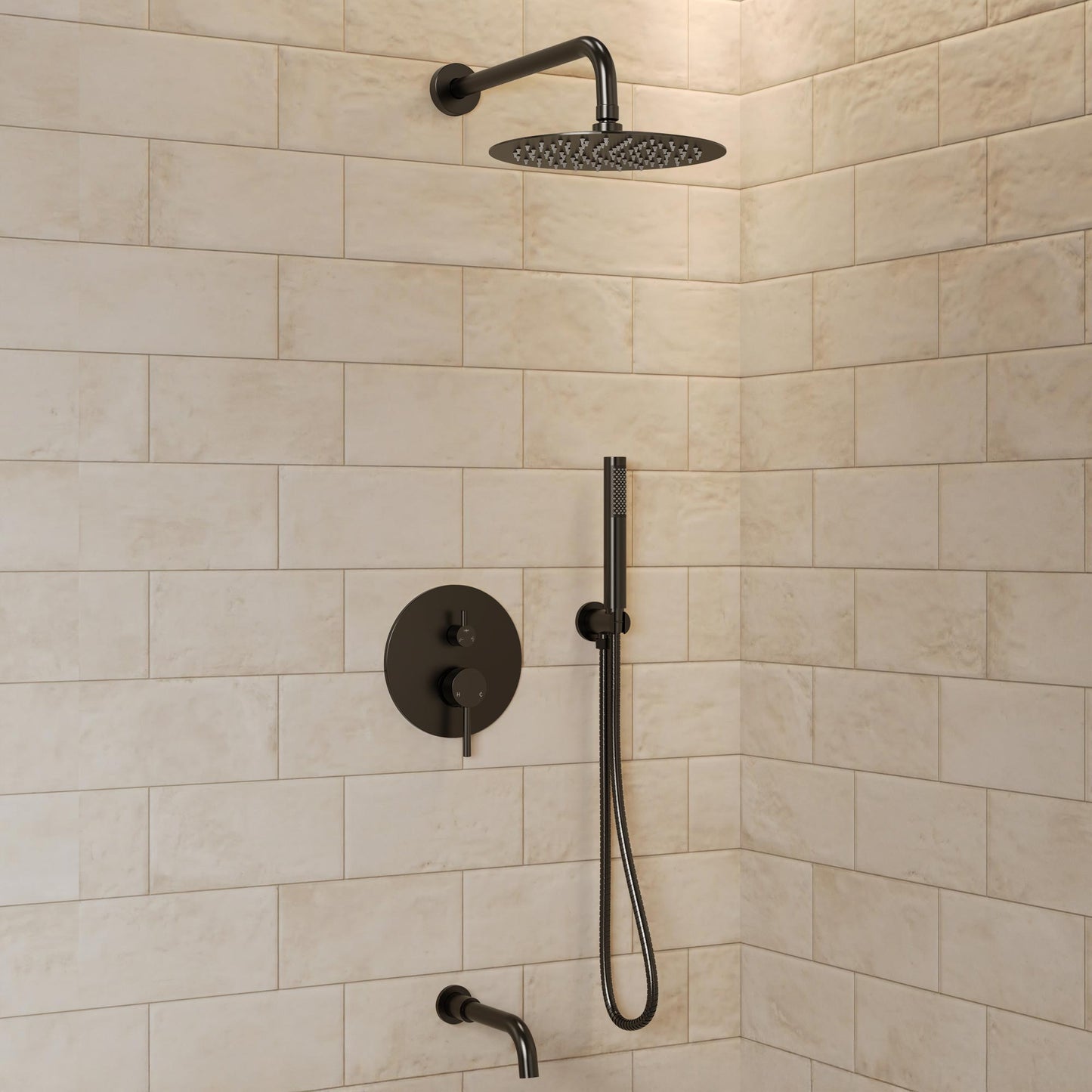 GRANDJOY Rainfall Matte Black 10-in Built-In Shower Faucet System with 3-way Diverter ( Pressure-balanced Valve Included )