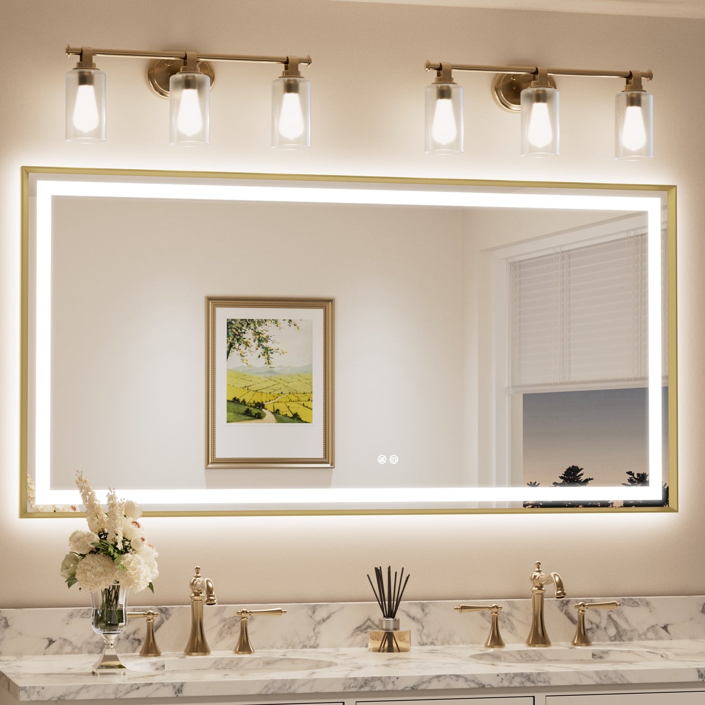 Keonjinn Bathroom LED Mirror With Framed 60-in x 30-in Beveled Rectangle Dimmable LED Lighted Fog Free Bathroom Vanity Mirror ( Brushed Gold )