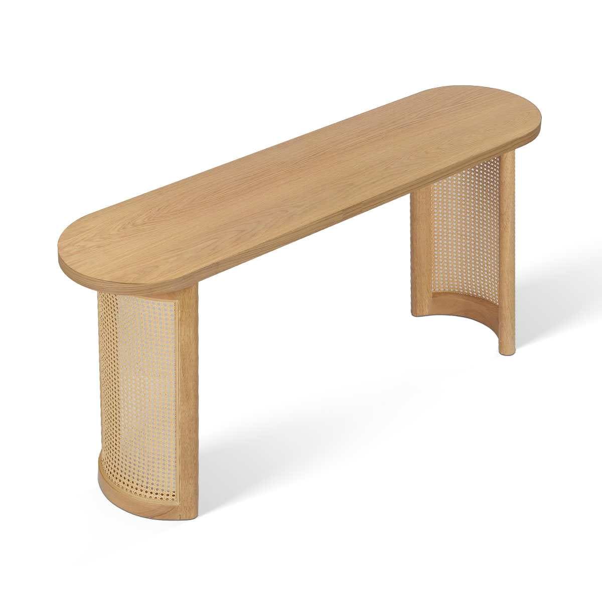 Maison Boucle 60 Inch Oak Oval Console Table with Rattan Pedestal Base for Entryway Living Room or Hallway