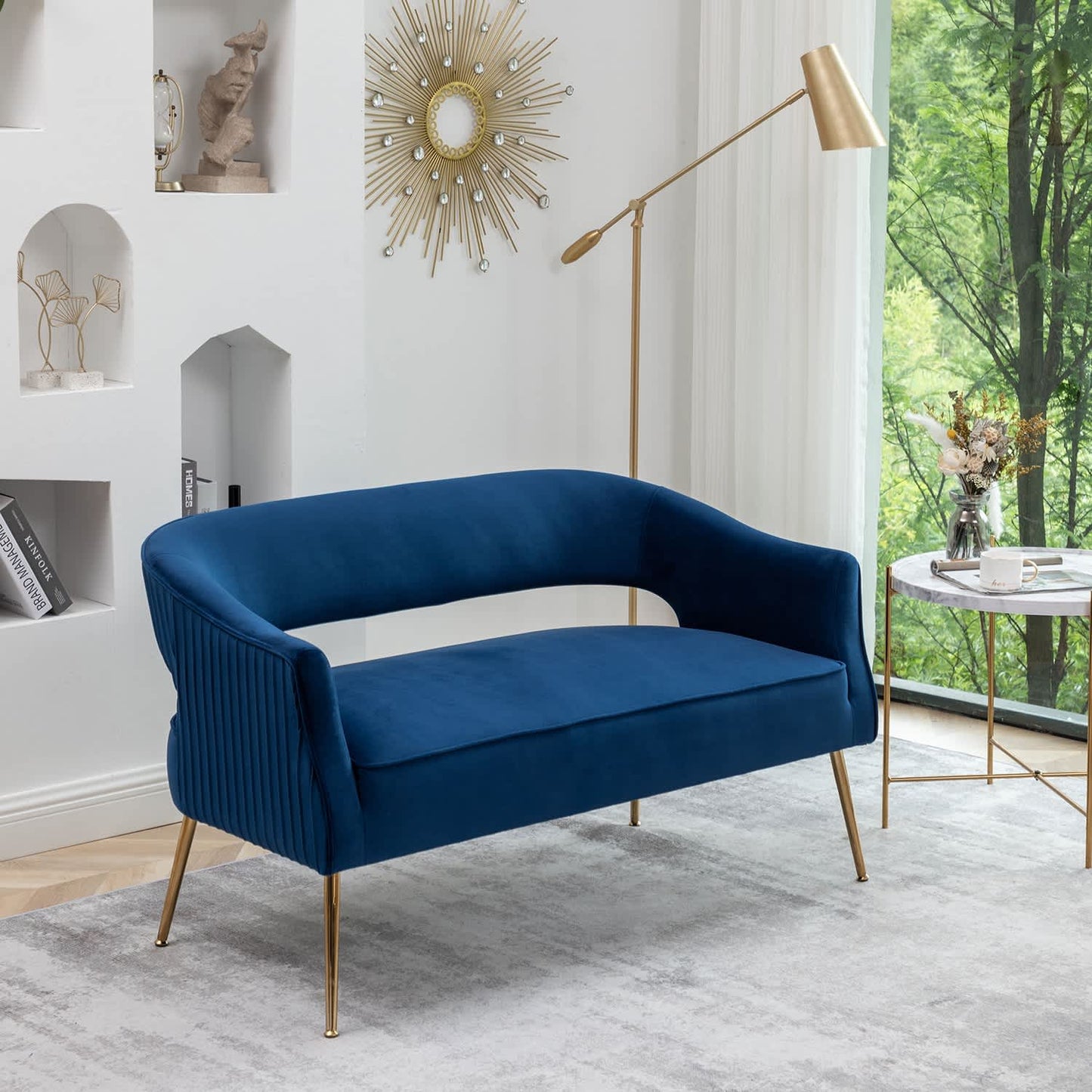 SEYNAR Modern 51 inch Velvet Tufted Loveseat Open Back with Golden Metal Legs