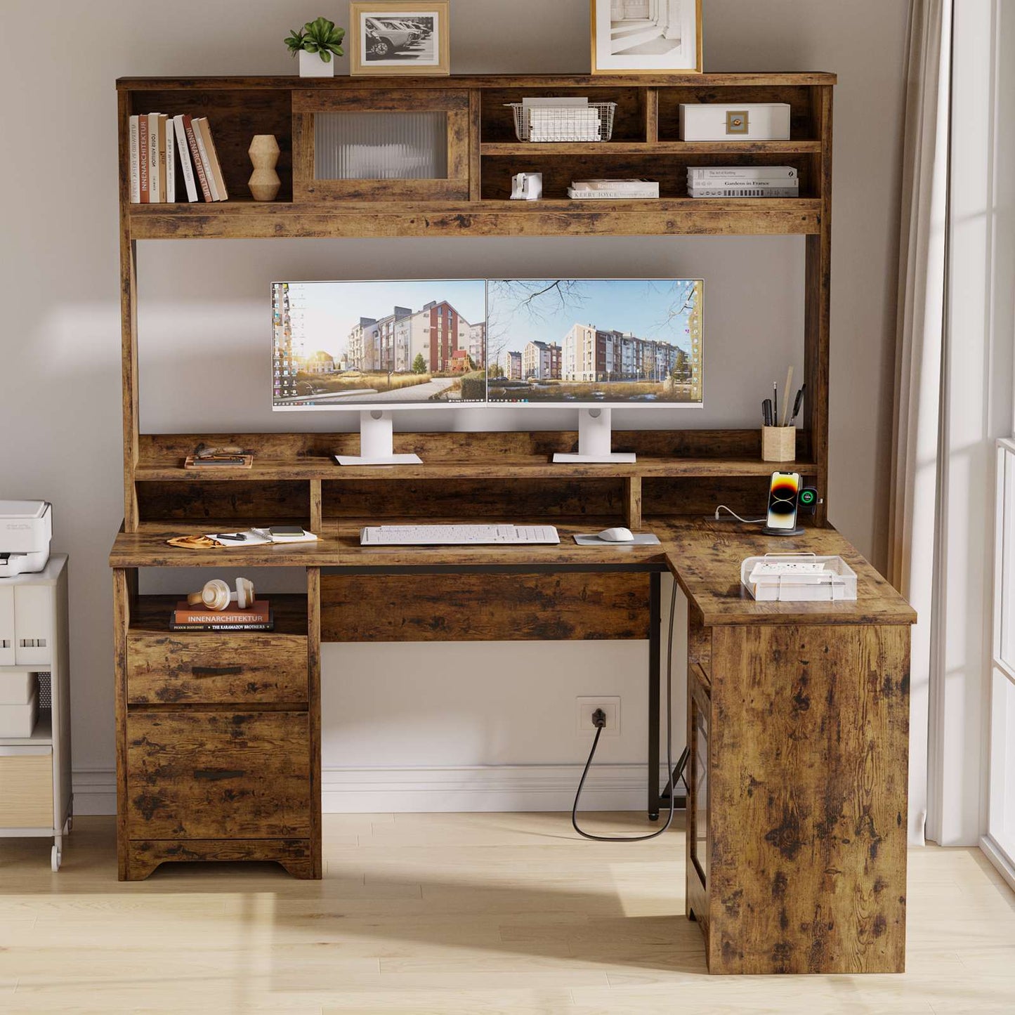 Bestier 62.91-in W Brown Hutch L Shaped Desk with Monitor Stand and Drawers LED Computer Desk with Charging Station and Cabinet Executive Desk for Home Office
