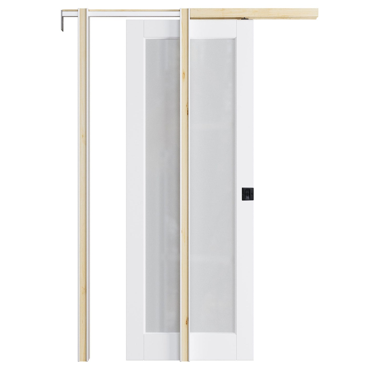 AINLARRY 28-in x 80-in Wood Pocket Door Frame with 1-Lite tempered frosted glass Pocket Sliding Door, Pocket door Black lock and Hardware Soft Close Included
