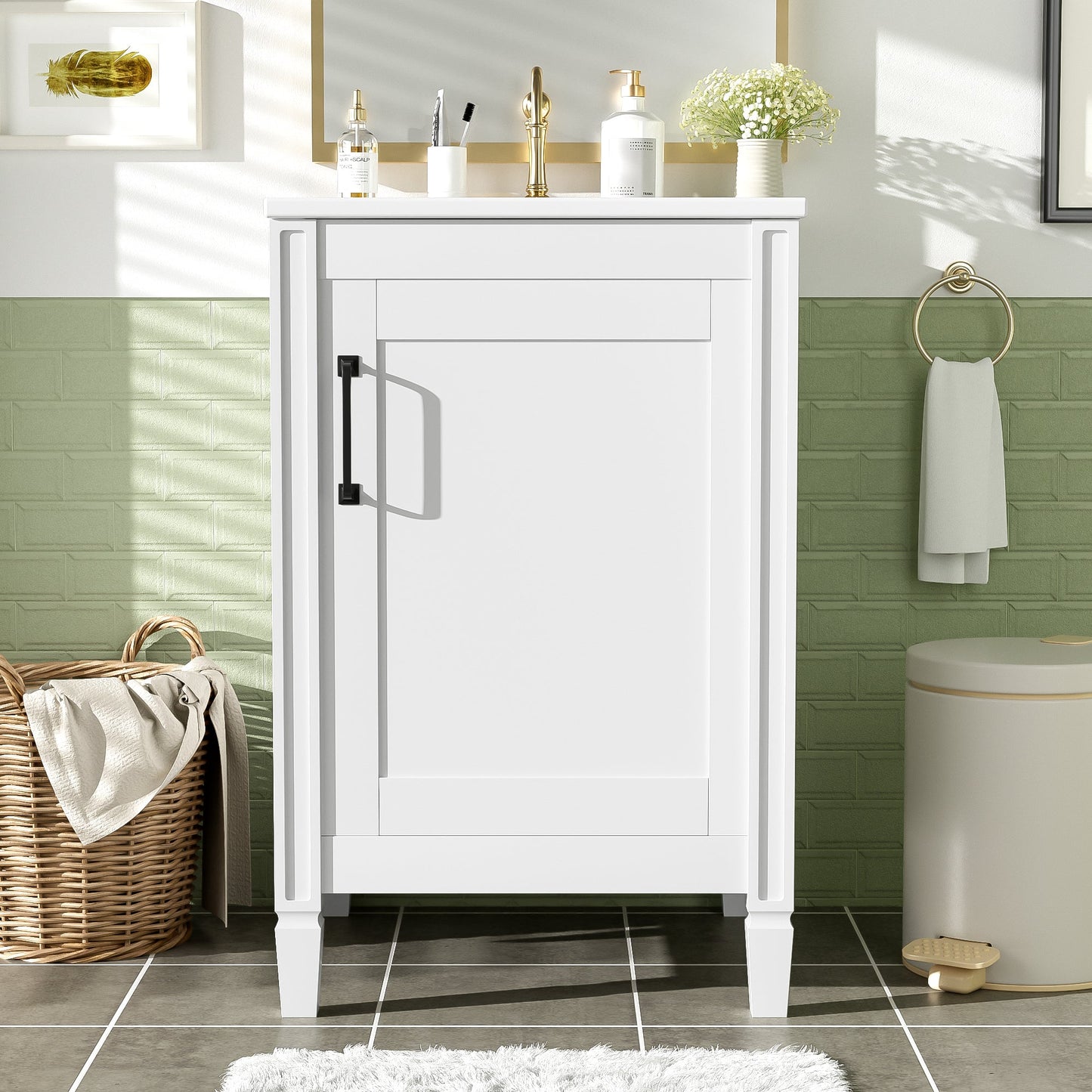 Boyel Living 20 Inch White Bathroom Vanity with Ceramic Sink Soft Close Door Adjustable U Shaped Shelf and Door Storage Rack