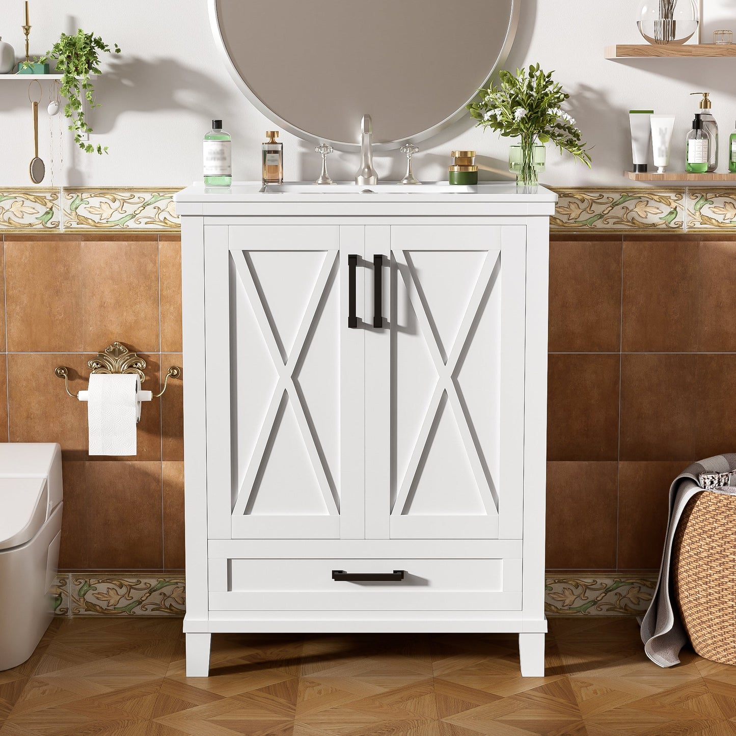 Boyel Living 24 Inch White Bathroom Vanity with Ceramic Sink and Solid Wood and MDF and 2 Soft Close Doors and 1 Divided Drawer and Dual Door Shelves and Modern Storage Design
