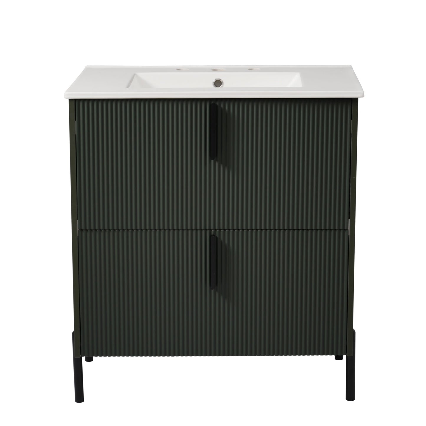 Vynxaria 30 Inch Sage Green Fluted Bathroom Vanity with Ceramic Sink One Complete Unit Solid Wood Cabinet Two Full Extension Soft Close Drawers