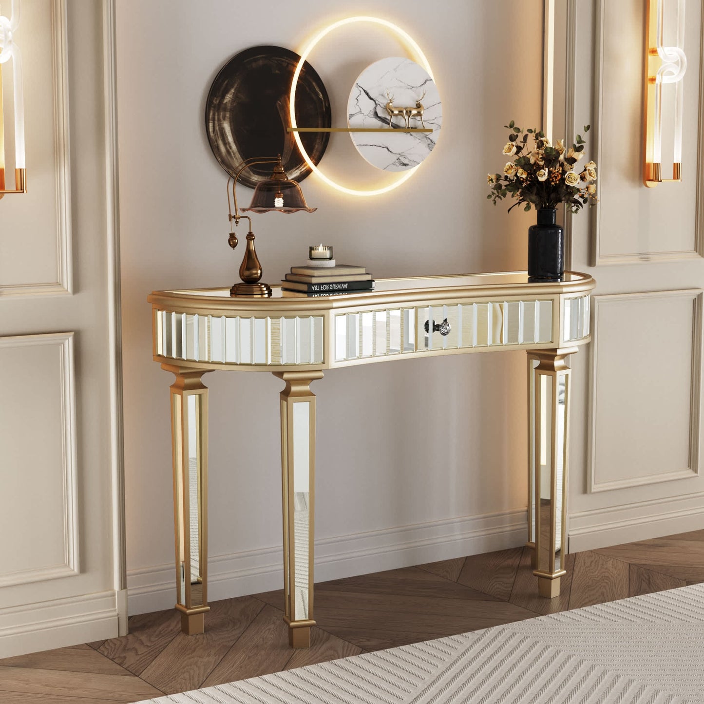 Vynxaria 47 in Half Moon Mirrored Console Table Fluted Glass Crystal Knob Drawer Sturdy Hardwood Entryway Vanity Desk for Bedroom Gold+Silver