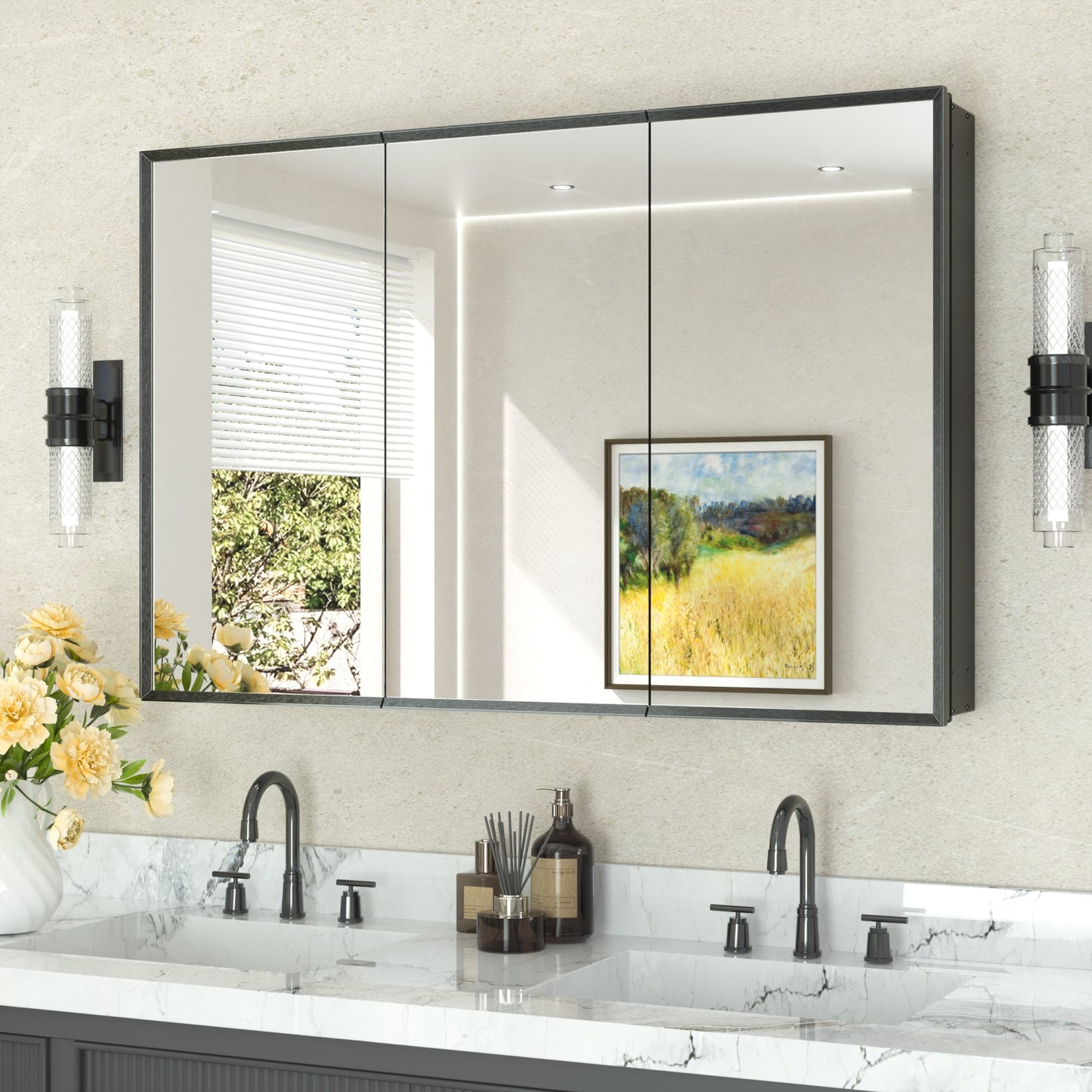 Keonjinn Medicine Cabinets Mirrors 48-in x 32-in Surface/Recessed Mount Brushed Black Mirrored Rectangle Soft Close Medicine Cabinet