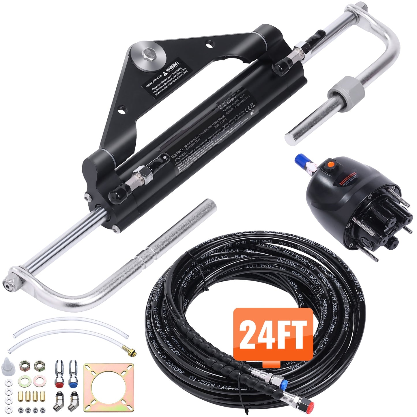 VEVOR Hydraulic Outboard Steering Kit 150HP Marine Boat Hydraulic Steering System with Helm Pump Two-Way Lock Cylinder and 24 Feet Hydraulic Steering Hose for Single Station Single-Engine Boats