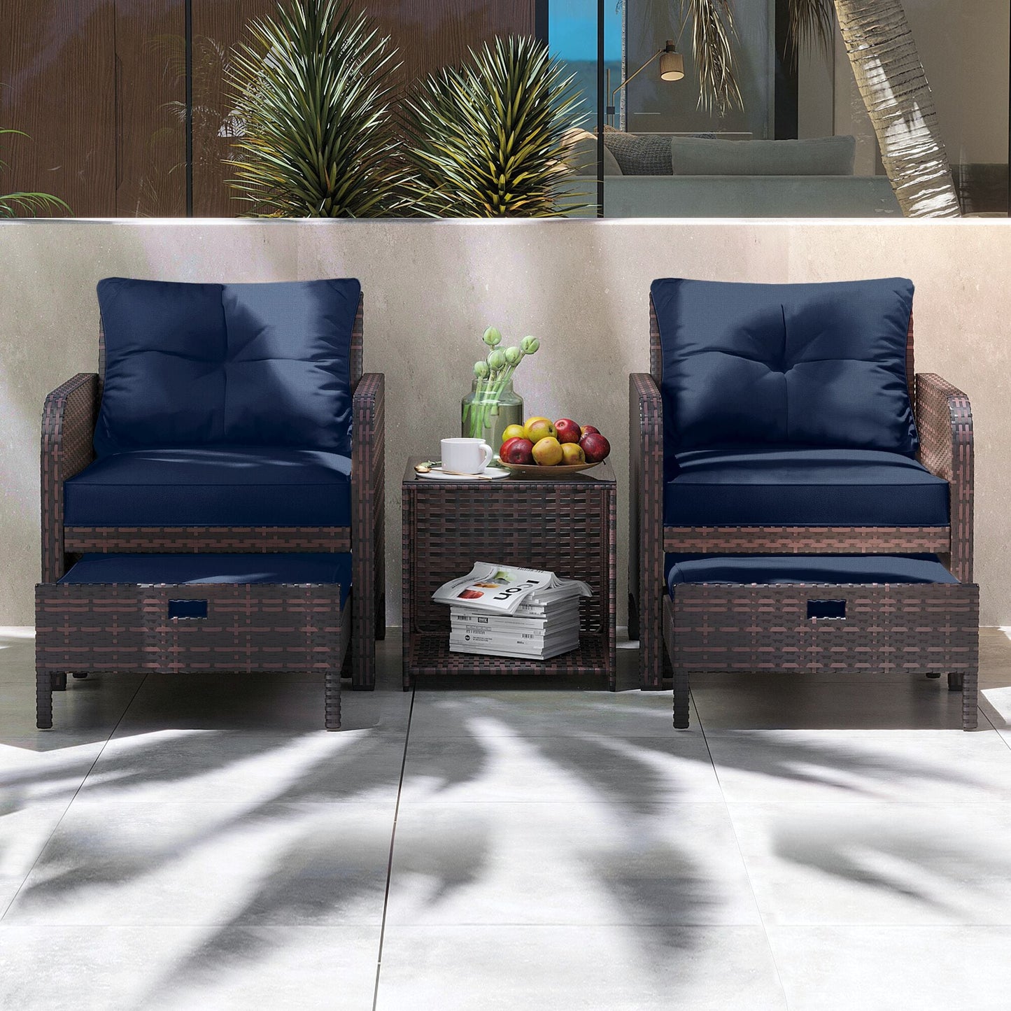 UPHA Patio Bistro Set 5 -Piece Wicker Patio Conversation Set with Blue Cushions