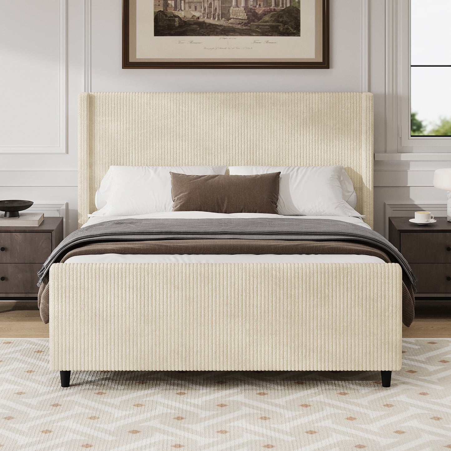 GZMR King Cream Metal Bed Frame with Headboard