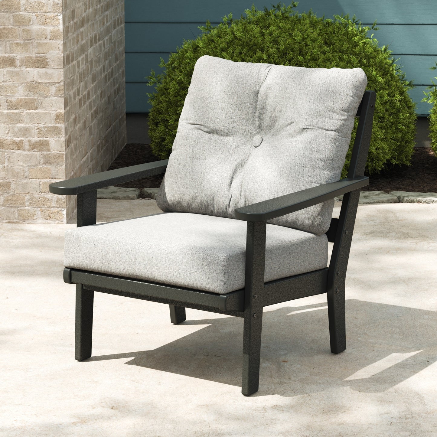 POLYWOOD Mission Black Plastic Frame Stationary Conversation Chair with Brown Slat Seat